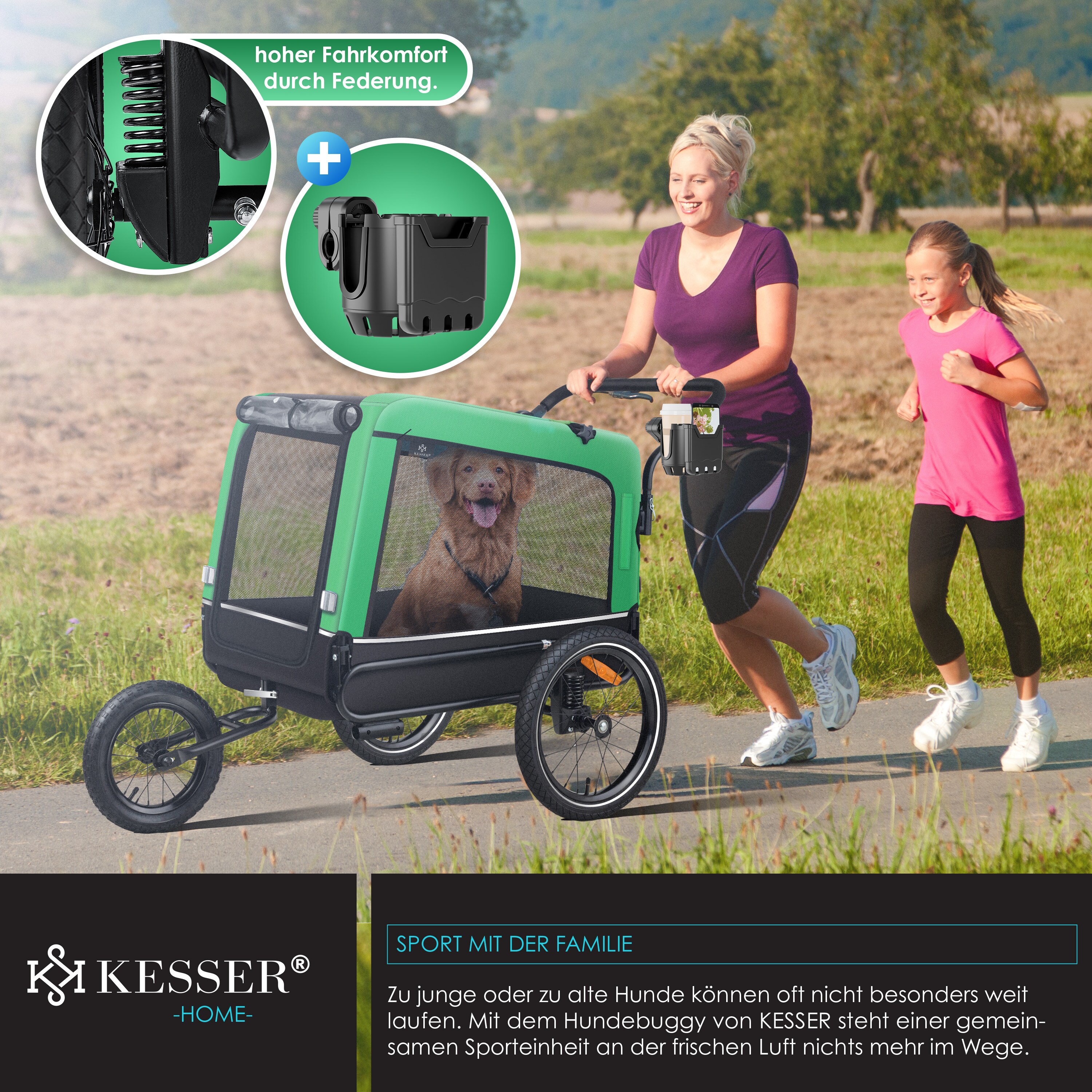 KESSER® Dog Trailer Boxer 3-in-1 Dog Bugg & Jogger Bicycle Trailer Large Approx. 240 Litres Volume, Springy, Material: 600D Oxford Canvas, SmartSpace Concept, Maximum Load Capacity: 40 kg (Blue