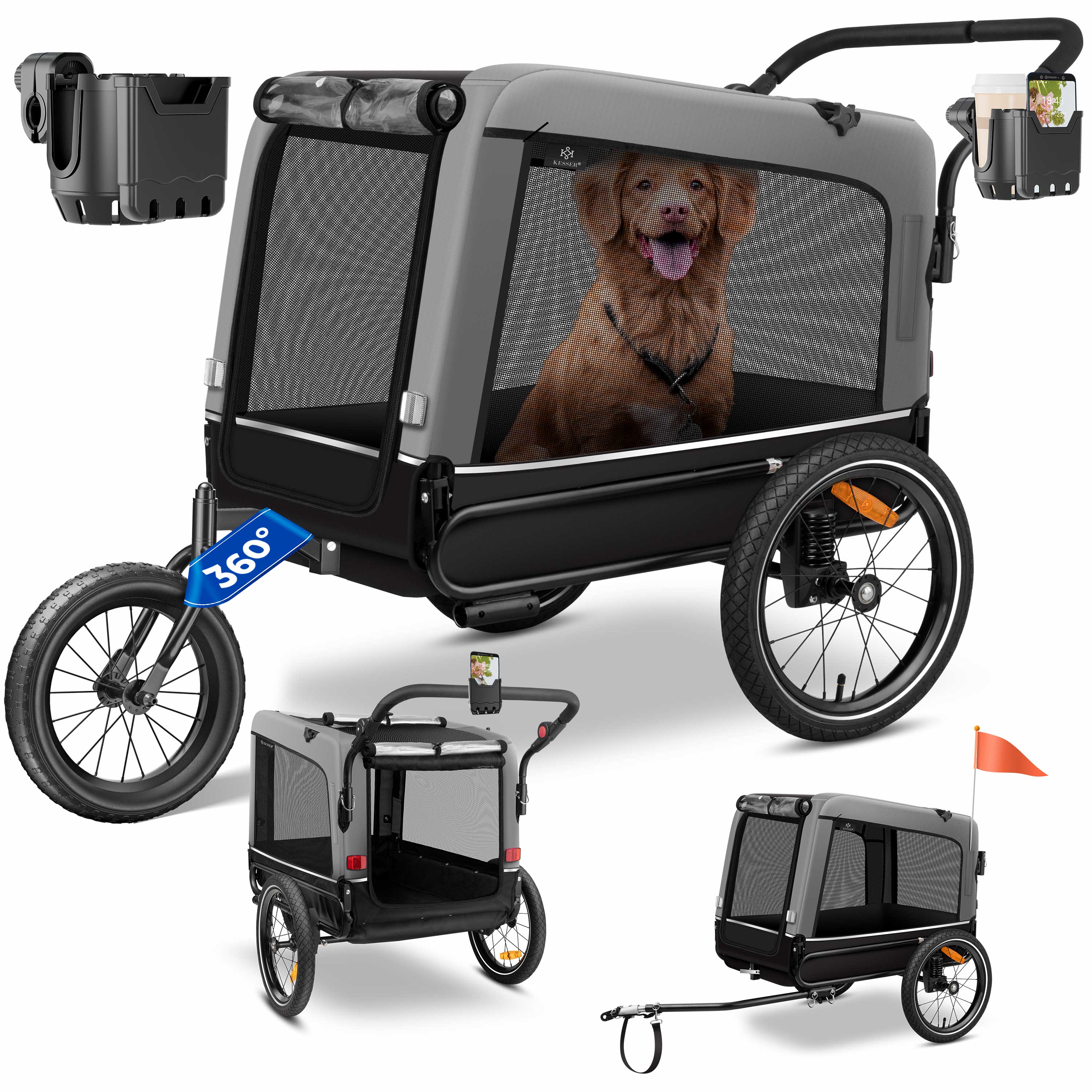 KESSER&reg; Hundeanh&auml;nger Boxer 3-in-1 Hundebuggy & Jogger Fahrradanh&auml;nger gro&szlig; ca. 240 Liter Volumen, gefedert, 360&deg; Grad Vorderrad, 600D Oxford Canvas, SmartSpace Concept, maximale Belastbarkeit: 40 kg 
