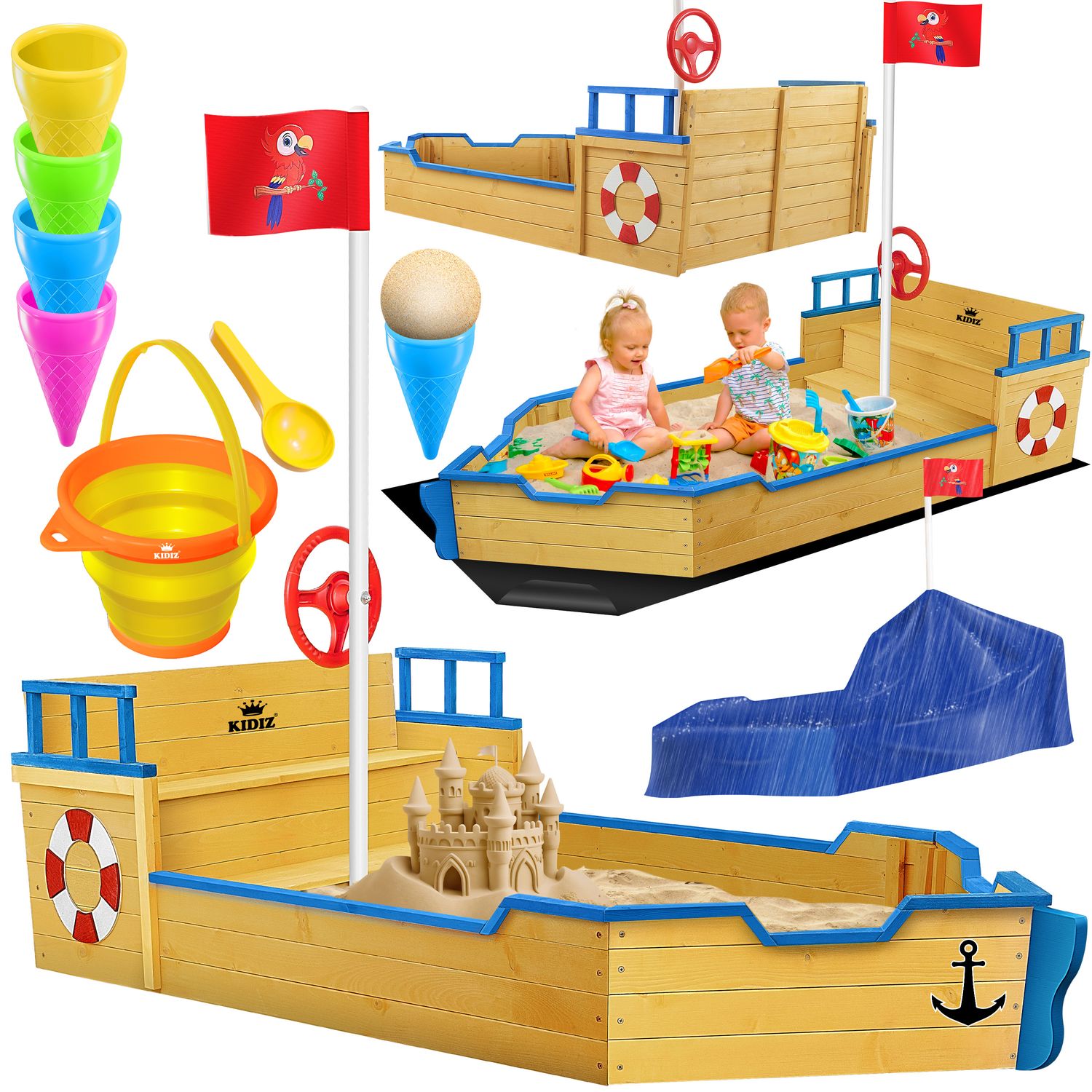 KIDIZ&reg; Sandkasten Ahoi - Piratenschiff Boot Segelschiff aus Holz Inkl. Abdeckung, Bodenplane, Sitzbank, Flaggenmast, Sandspielzeug  | Gro&szlig;e Kinder Sandkiste f&uuml;r den Garten | Outdoor Sandbox 