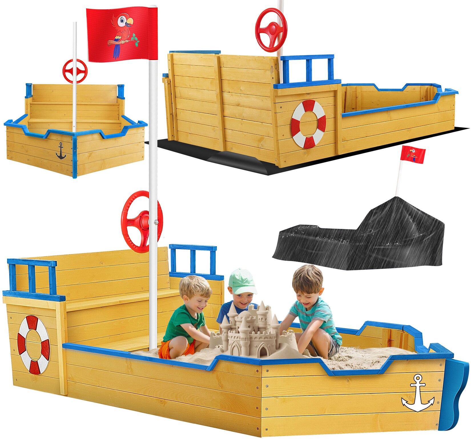 ® Sandkasten Ahoi - Piratenschiff Boot Segelschiff aus Holz Inkl. Abdeckung, Bodenplane, Sitzbank, Flaggenmast, Sandspielzeug    Große Kinder Sandkiste für den Garten   Outdoor Sandbox