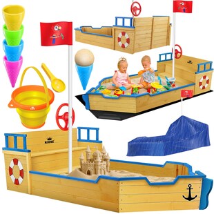 KIDIZ® Sandkasten Ahoi - Piratenschiff Boot Segelschiff aus Holz Inkl. Abdeckung, Bodenplane, Sitzbank, Flaggenmast, Sandspielzeug  | Große Kinder Sandkiste für den Garten | Outdoor Sandbox 