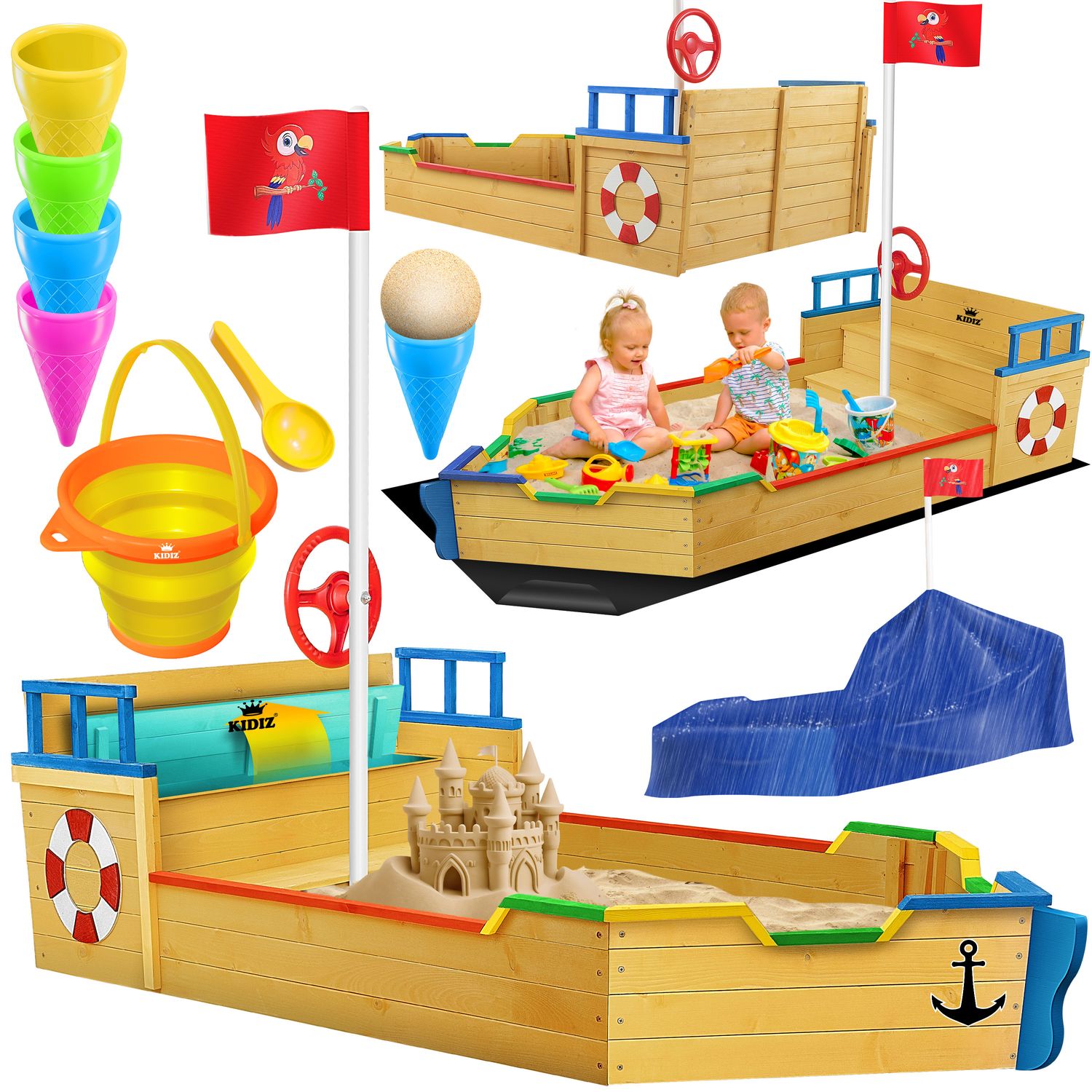 KIDIZ&reg; Sandkasten Ahoi - Piratenschiff Boot Segelschiff aus Holz Inkl. Abdeckung, Bodenplane, Sitzbank, Flaggenmast, Sandspielzeug  | Gro&szlig;e Kinder Sandkiste f&uuml;r den Garten | Outdoor Sandbox 