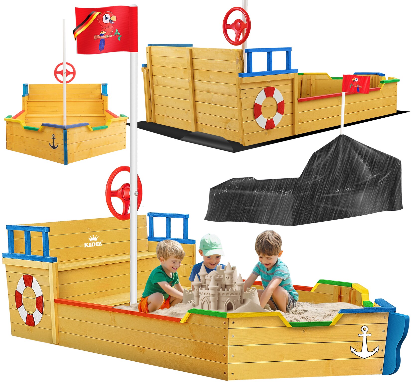 ® Sandkasten Ahoi - Piratenschiff Boot Segelschiff aus Holz Inkl. Abdeckung, Bodenplane, Sitzbank, Flaggenmast, Sandspielzeug    Große Kinder Sandkiste für den Garten   Outdoor Sandbox
