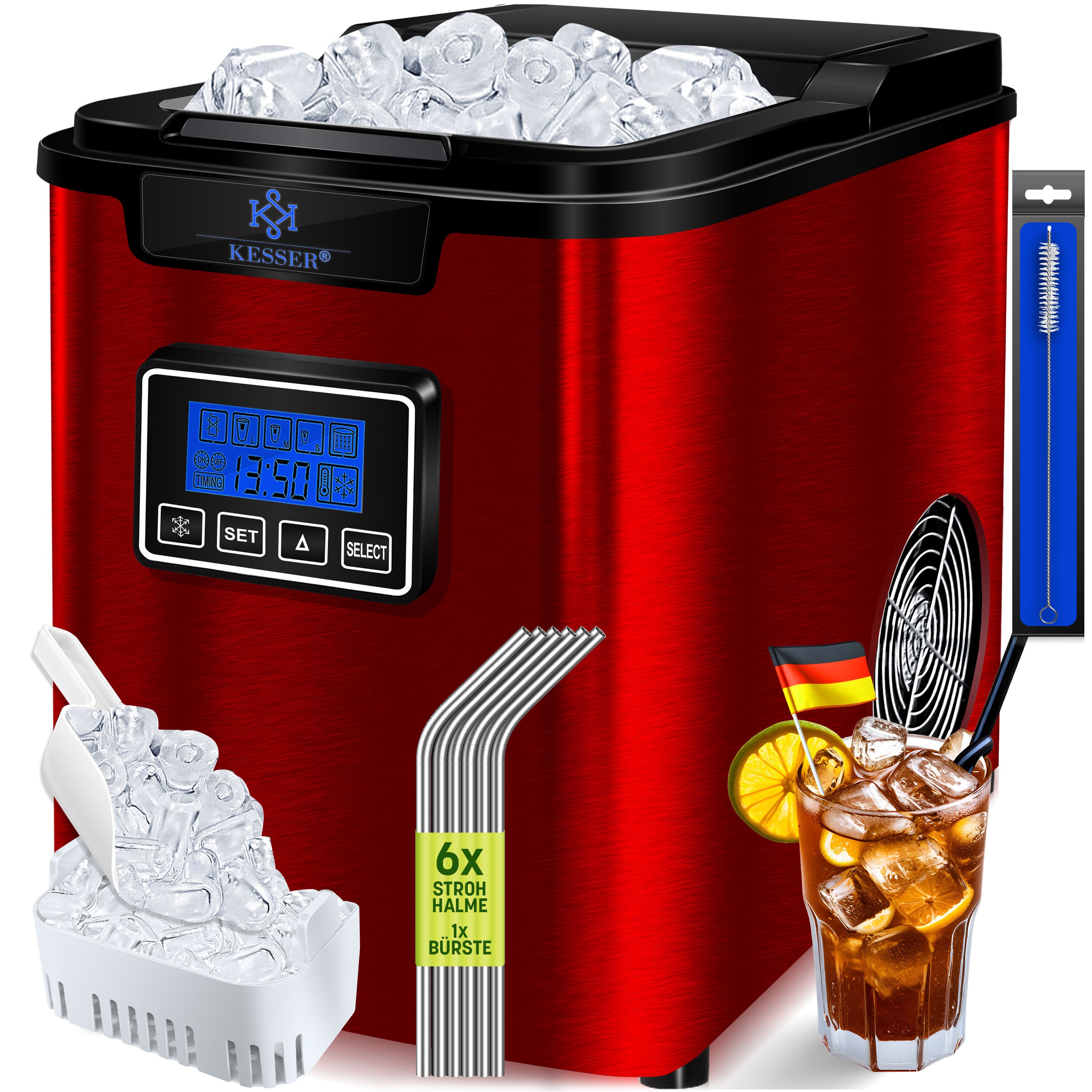 KESSER&reg; Eisw&uuml;rfelbereiter | Eisw&uuml;rfelmaschine Edelstahl | 150W  Ice Maker | 12 kg 24 h | 3 W&uuml;rfelgr&ouml;&szlig;en | Zubereitung in 6 min | 2,2 Liter Wassertank | Timer | LCD-Display | Selbstreinigungsfunktion 