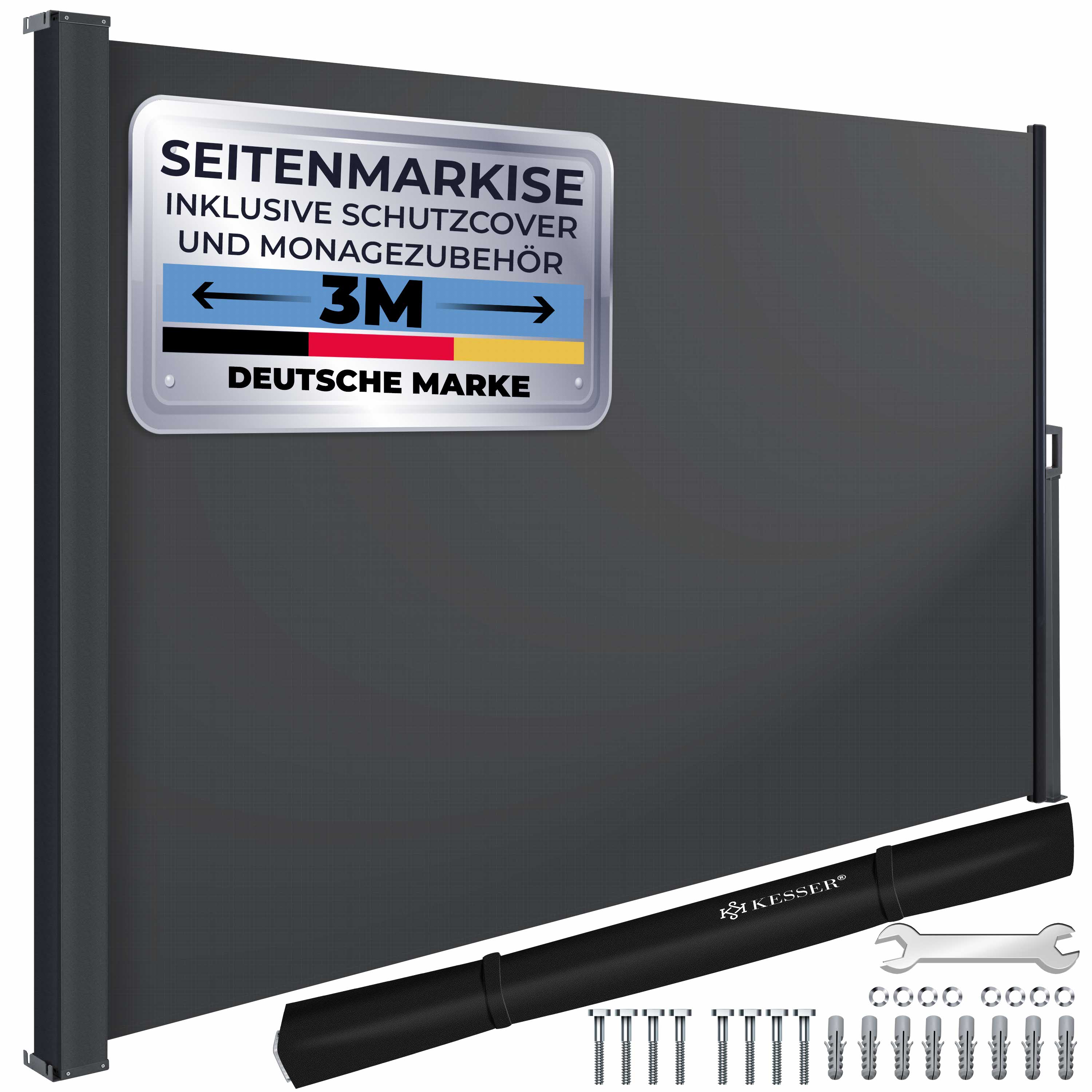 KESSER&reg; Seitenmarkise ausziehbar Markise Blickdicht Sichtschutz & Windschutz f&uuml;r Garten Balkon & Terrasse, Seitenrollo mit Wandhalterung und Cover 