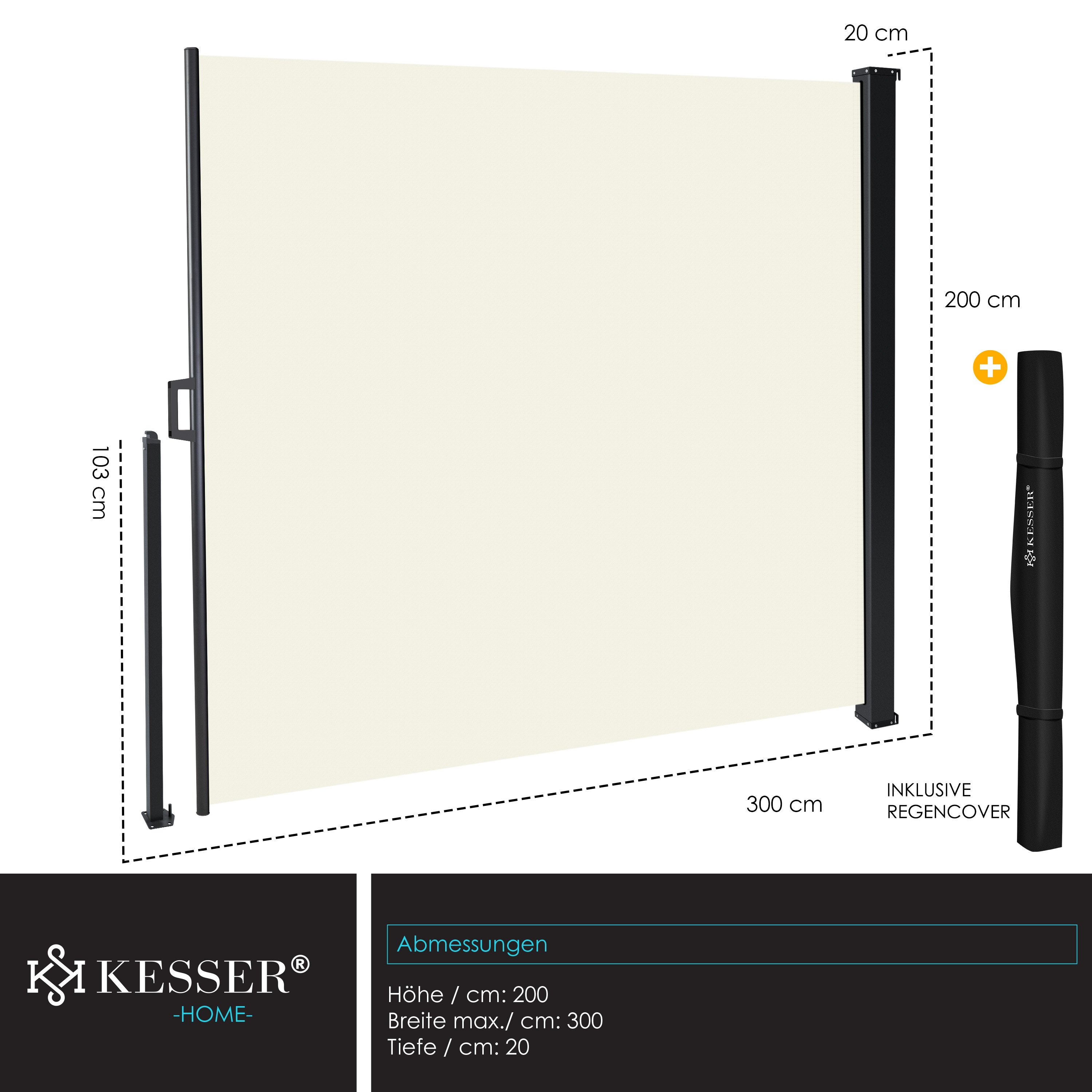 Seitenmarkise Ausziehbar 140 X 300 Cm – Sichtschutz Für Balkon & Terrasse, Senkrechtmarkise Aus UV-beständigem Polyester, Mit Automatischer Rückrollfunktion, Schwarz