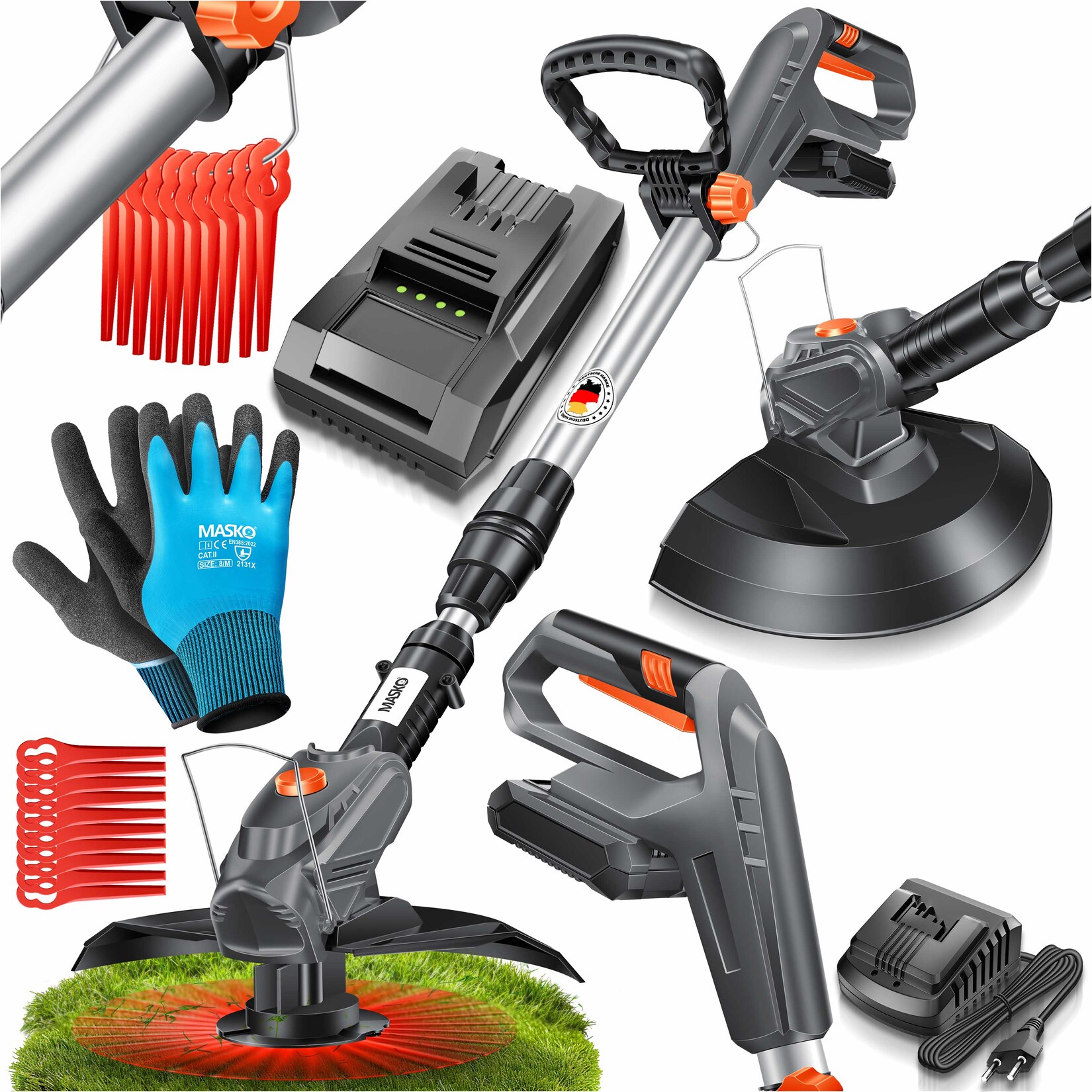 MASKO® Akku-Rasentrimmer mit 20 V Li-Akku, 2,0 Ah Akku und Ladegerät, Motorsense 26 cm Schnittkreis, 180° Trimmwinkel, Teleskop-Stiel & Zusatzhandgriff, inkl. 20 Messer Kunststoffklinge