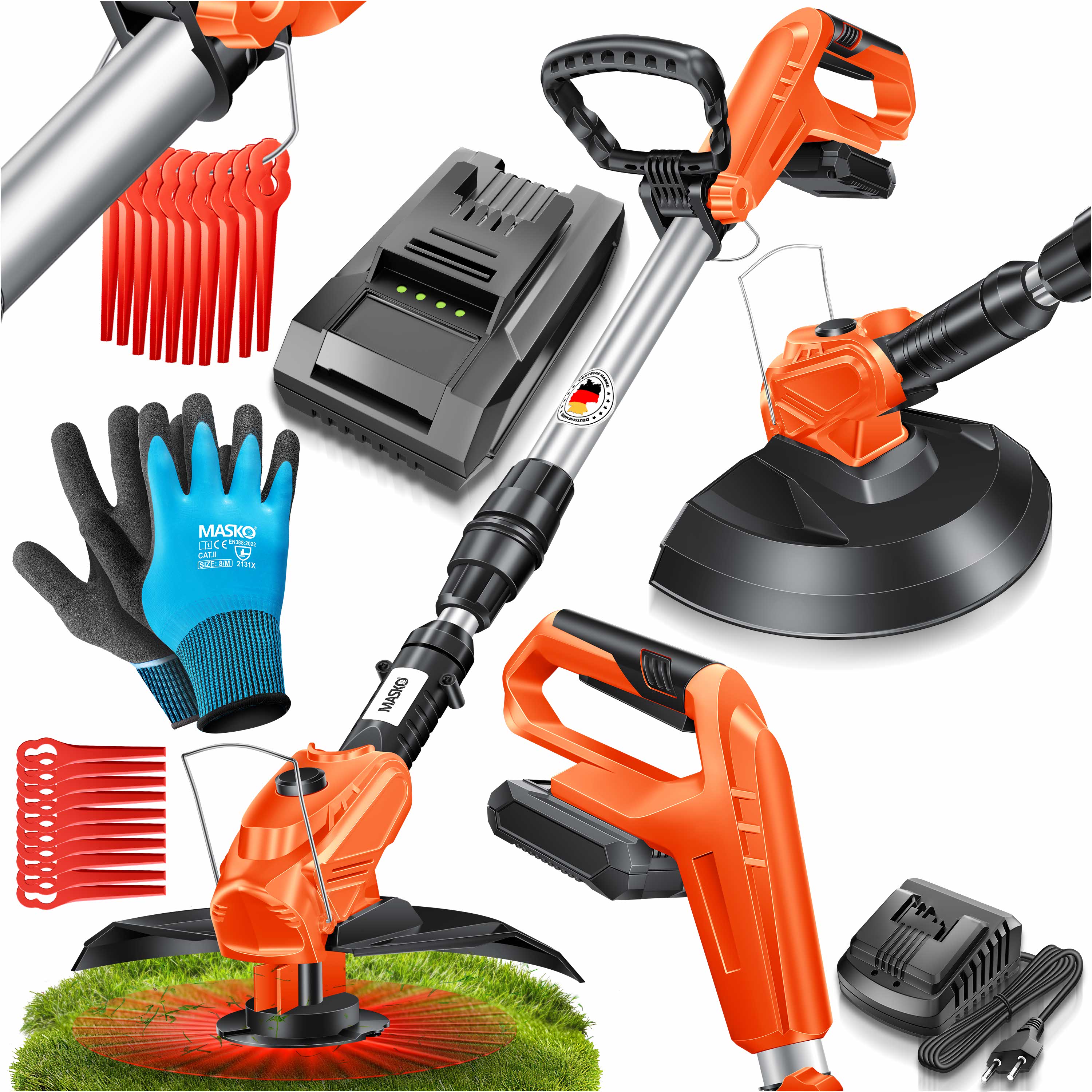 MASKO&reg; Akku-Rasentrimmer mit 20 V Li-Akku, 2,0 Ah Akku und Ladeger&auml;t, Motorsense 26 cm Schnittkreis, 180&deg; Trimmwinkel, Teleskop-Stiel & Zusatzhandgriff, inkl. 20 Messer Kunststoffklinge 