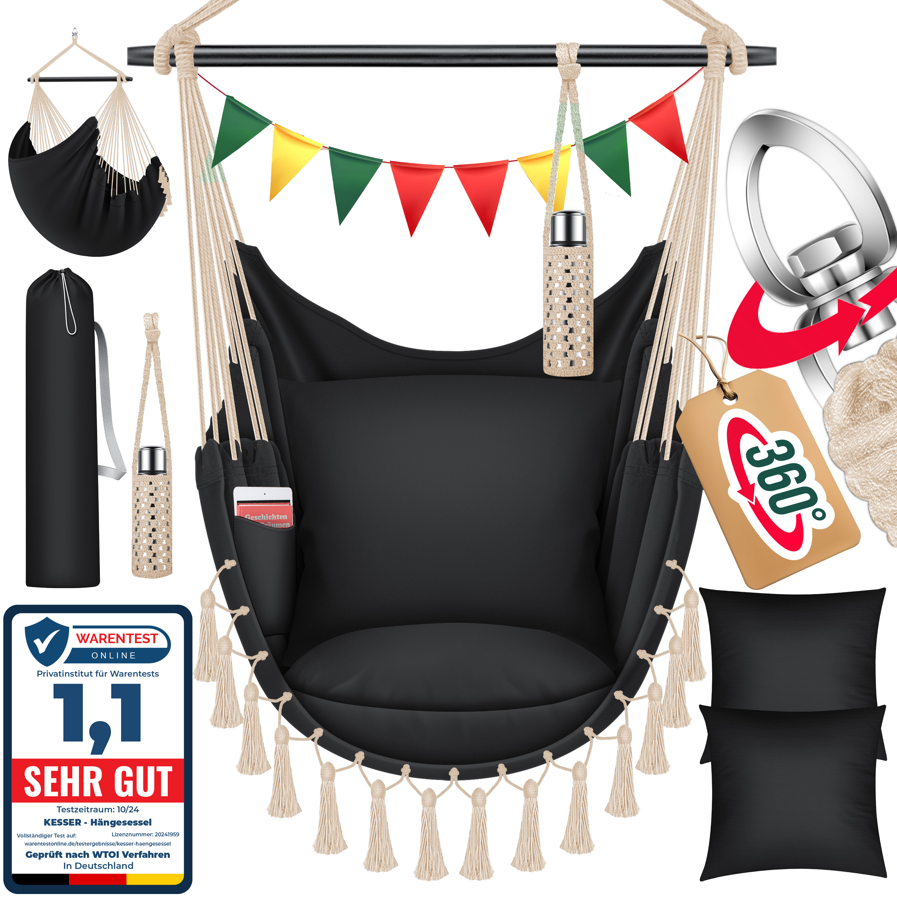 KESSER&reg; H&auml;ngesessel mit 2 Kissen Getr&auml;nkehalter & B&uuml;cherfach - Safari XXL H&auml;ngestuhl f&uuml;r Erwachsene & Kinder H&auml;ngematte bis 150 kg H&auml;ngesitz Aufh&auml;ngung Indoor & Outdoor Wohn & Garten Terrasse 