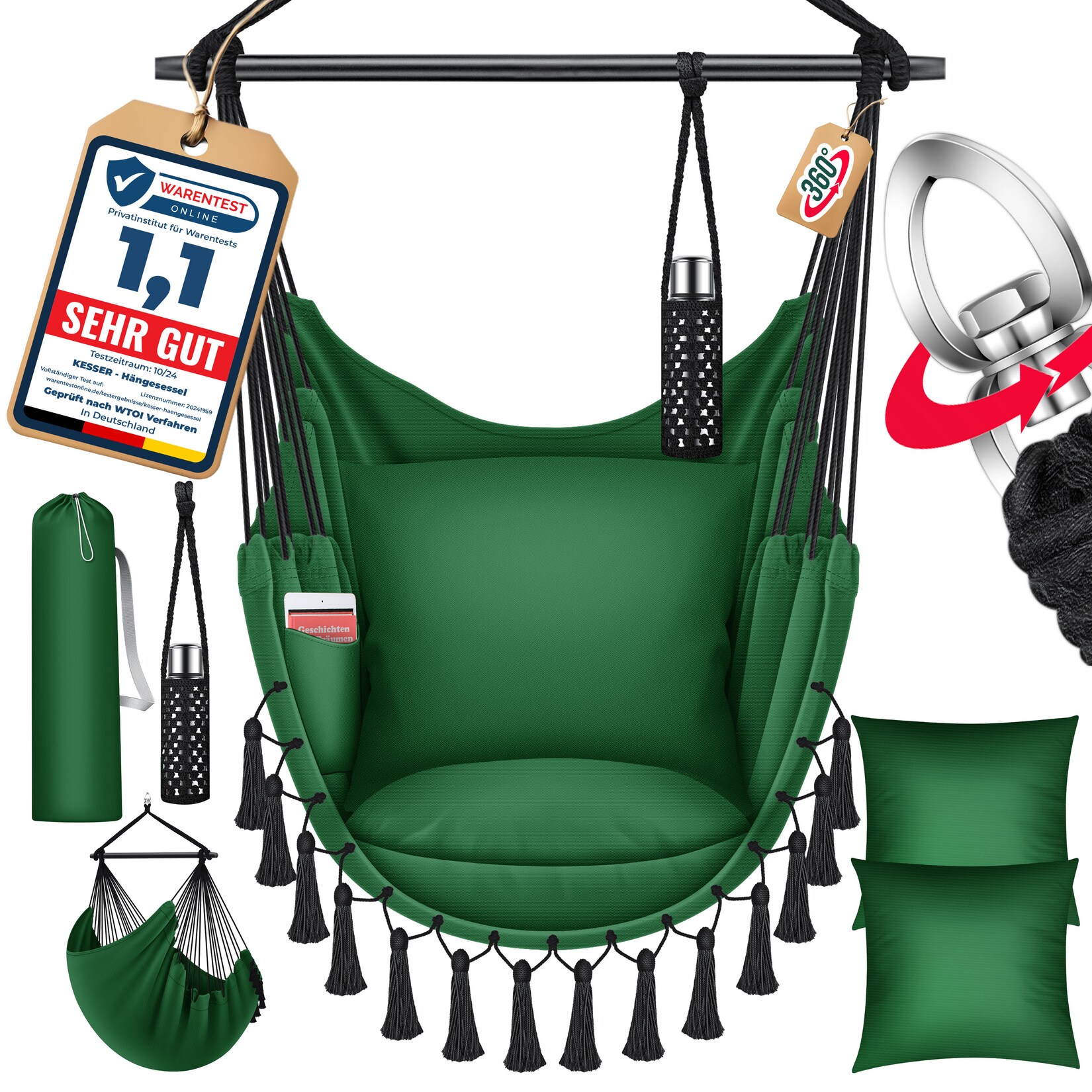 ® Hängesessel mit 2 Kissen Getränkehalter & Bücherfach - Safari XXL Hängestuhl für Erwachsene & Kinder Hängematte bis  Hängesitz Aufhängung Indoor & Outdoor Wohn & Garten Terrasse