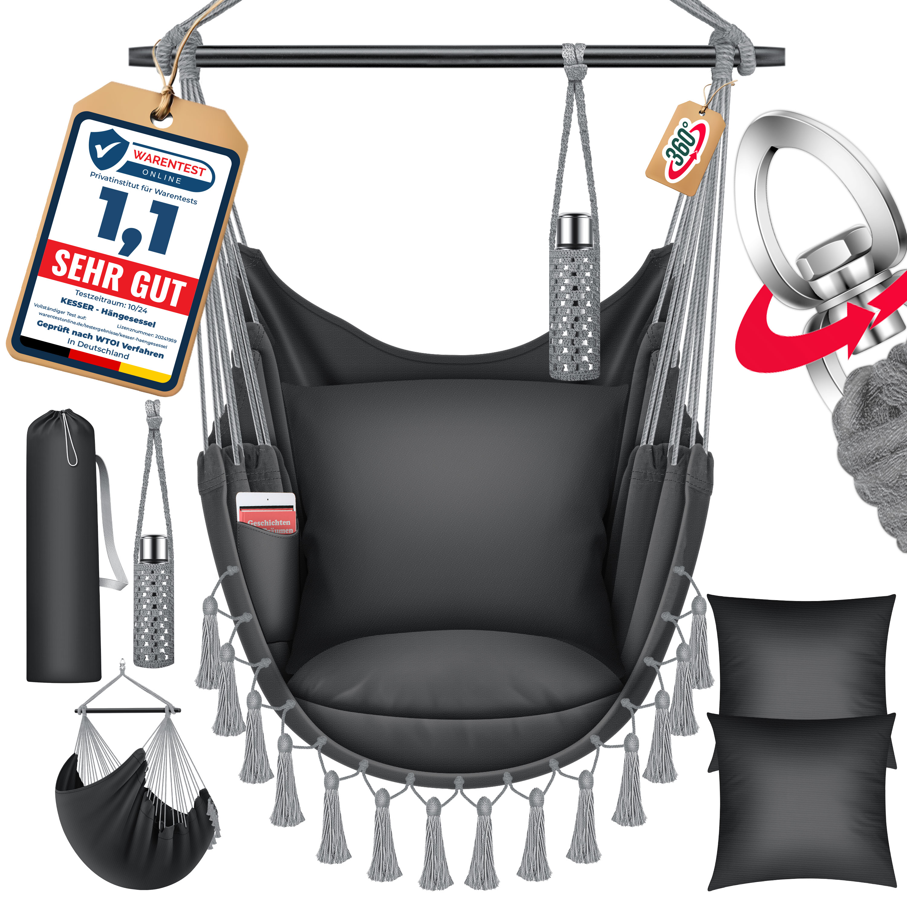 KESSER&reg; H&auml;ngesessel mit 2 Kissen Getr&auml;nkehalter & B&uuml;cherfach - Safari XXL H&auml;ngestuhl f&uuml;r Erwachsene & Kinder H&auml;ngematte bis 150 kg H&auml;ngesitz Aufh&auml;ngung Indoor & Outdoor Wohn & Garten Terrasse 