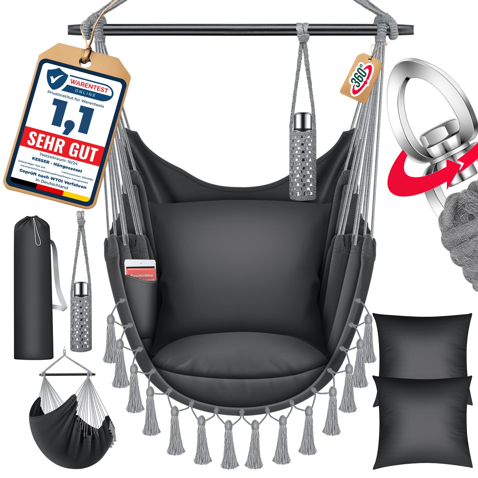 ® Hängesessel mit 2 Kissen Getränkehalter & Bücherfach - Safari XXL Hängestuhl für Erwachsene & Kinder Hängematte bis  Hängesitz Aufhängung Indoor & Outdoor Wohn & Garten Terrasse