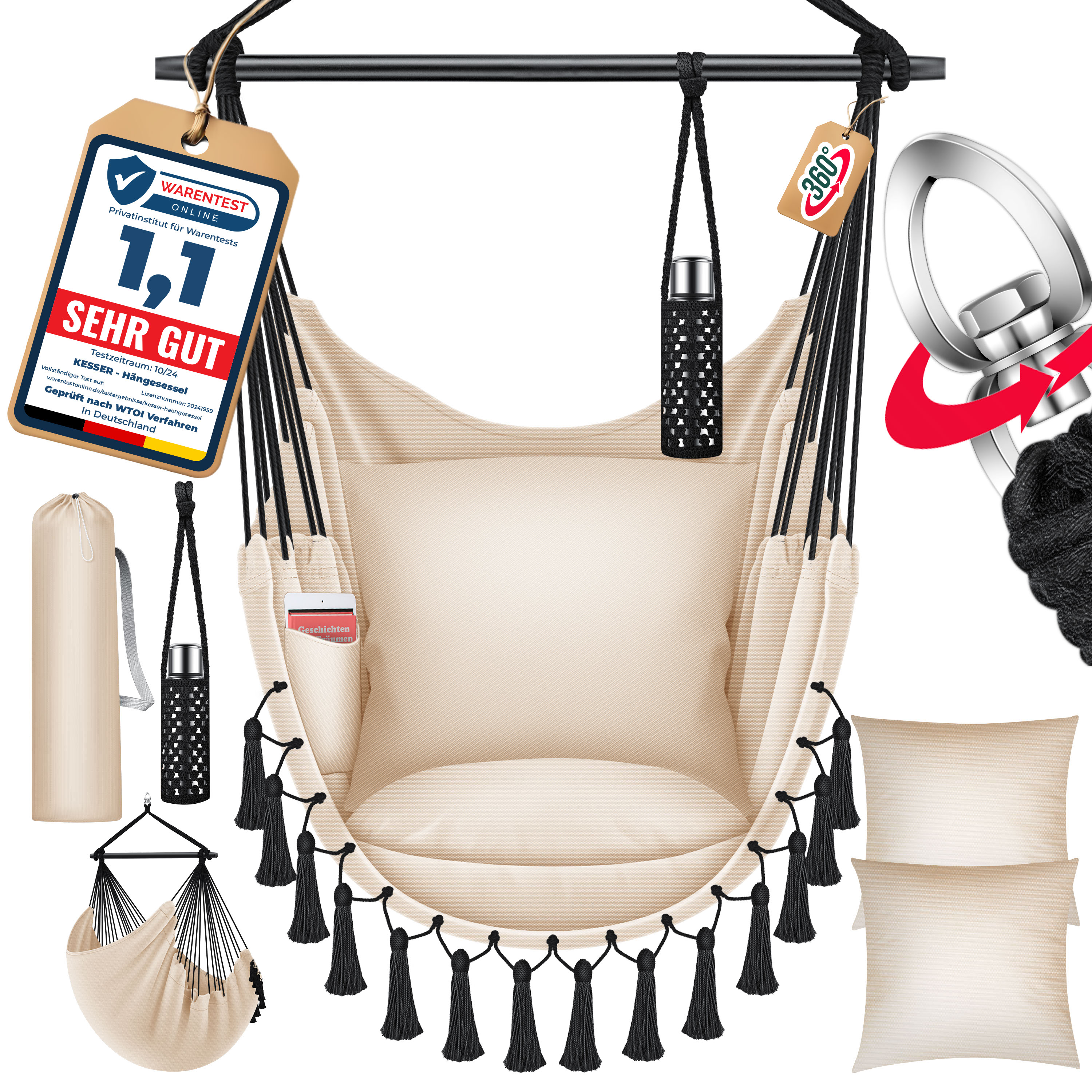 KESSER&reg; H&auml;ngesessel mit 2 Kissen Getr&auml;nkehalter & B&uuml;cherfach - Safari XXL H&auml;ngestuhl f&uuml;r Erwachsene & Kinder H&auml;ngematte bis 150 kg H&auml;ngesitz Aufh&auml;ngung Indoor & Outdoor Wohn & Garten Terrasse 