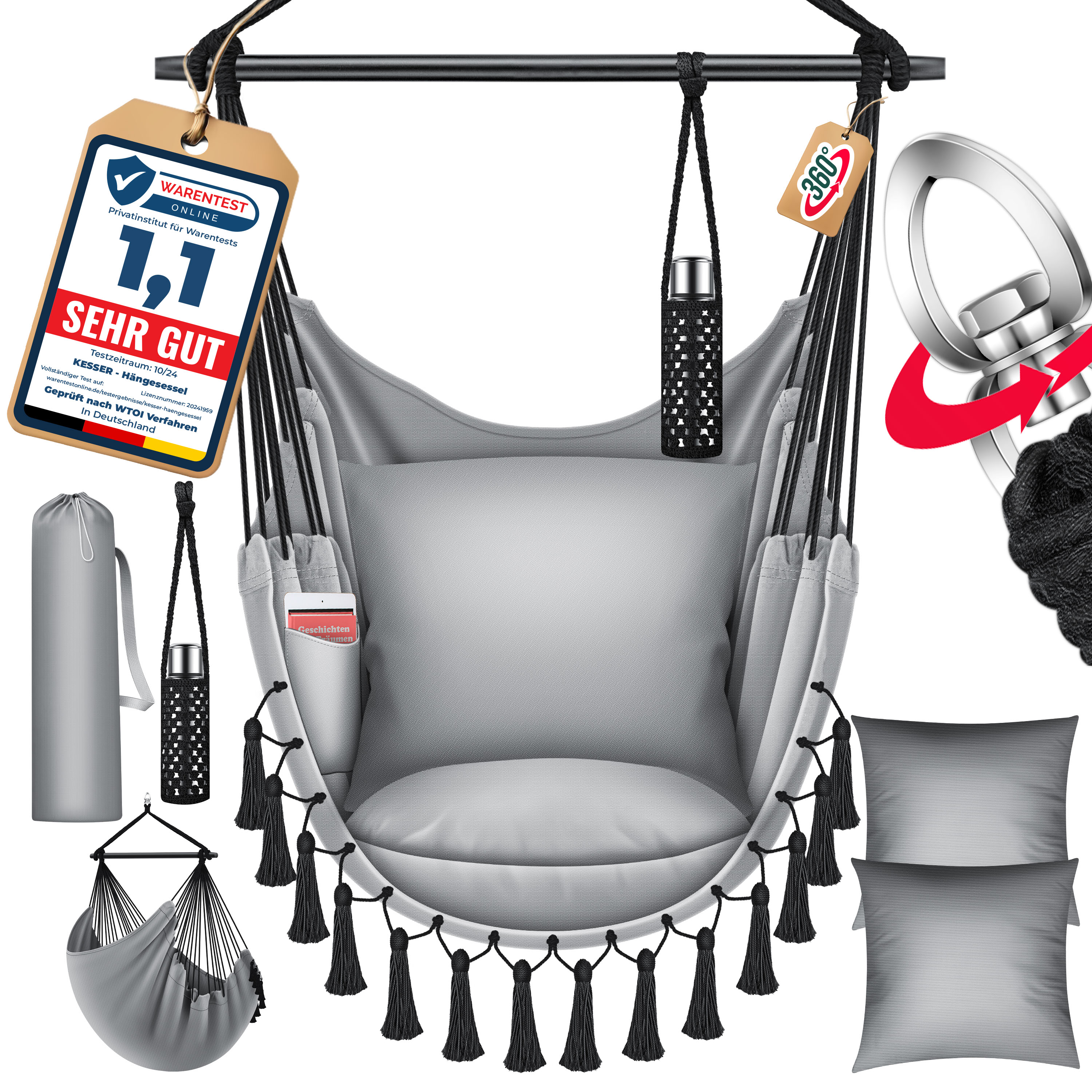 KESSER&reg; H&auml;ngesessel mit 2 Kissen Getr&auml;nkehalter & B&uuml;cherfach - Safari XXL H&auml;ngestuhl f&uuml;r Erwachsene & Kinder H&auml;ngematte bis 150 kg H&auml;ngesitz Aufh&auml;ngung Indoor & Outdoor Wohn & Garten Terrasse 