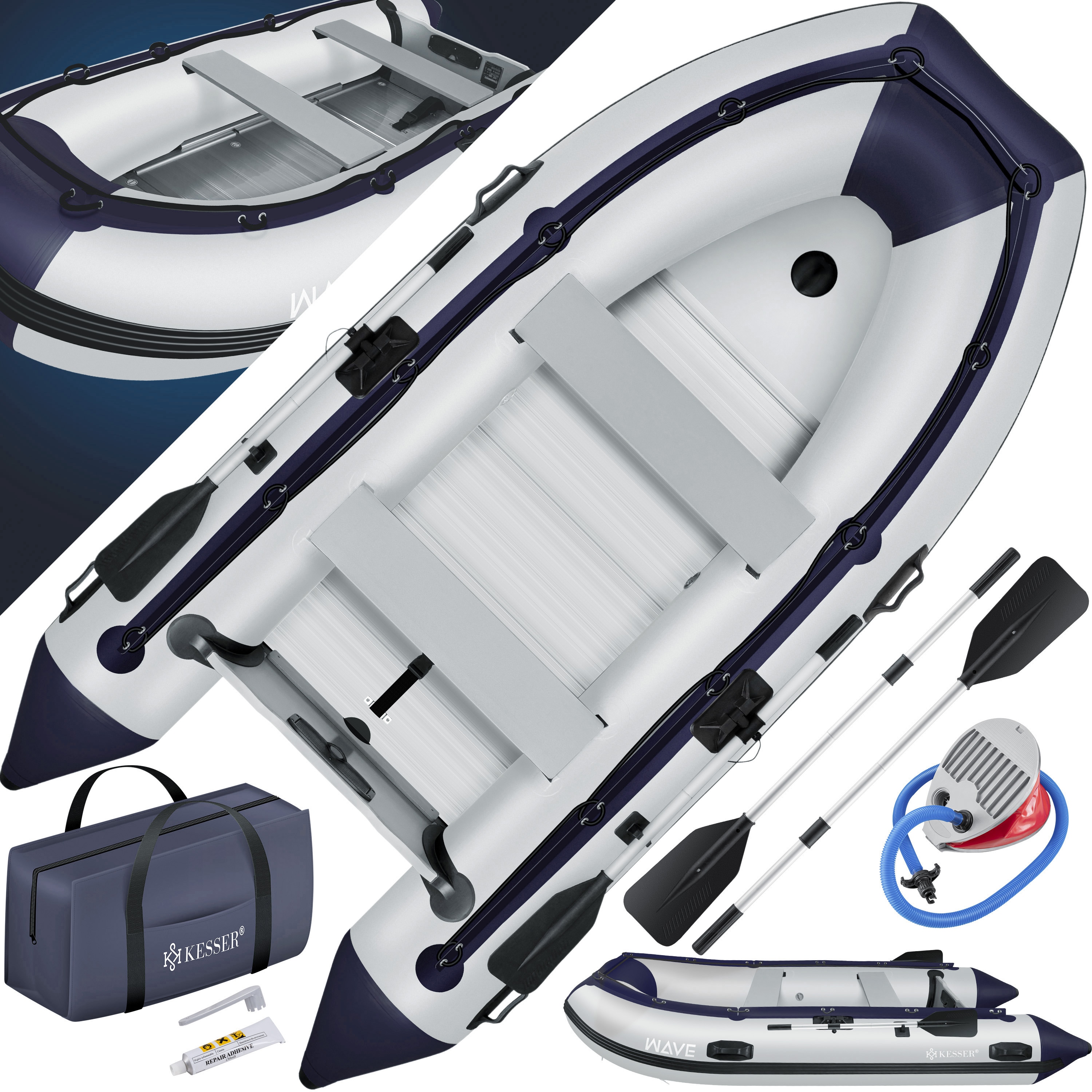KESSER&reg; Schlauchboot  f&uuml;r 2 - 4 Personen - WAVE Motor geeignet Freizeitboot Paddelboot Motorboot Angelboot - mit 1 - 2 Sitzb&auml;nken -  Alu-Boden Paddel Pumpe Reparaturset & Tasche aufblasbar PVC 