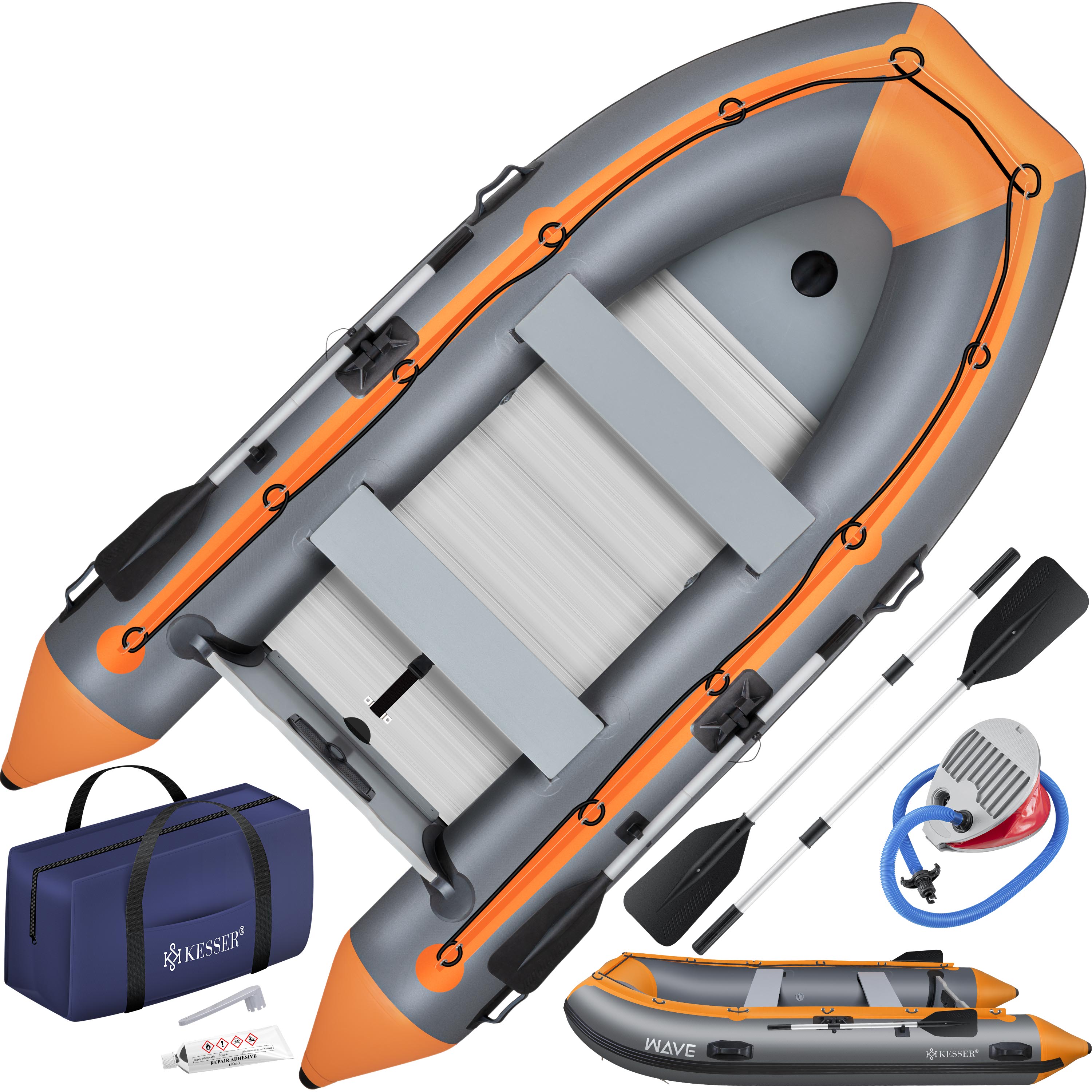 KESSER&reg; Schlauchboot  f&uuml;r 2 - 4 Personen - WAVE Motor geeignet Freizeitboot Paddelboot Motorboot Angelboot - mit 1 - 2 Sitzb&auml;nken -  Alu-Boden Paddel Pumpe Reparaturset & Tasche aufblasbar PVC 