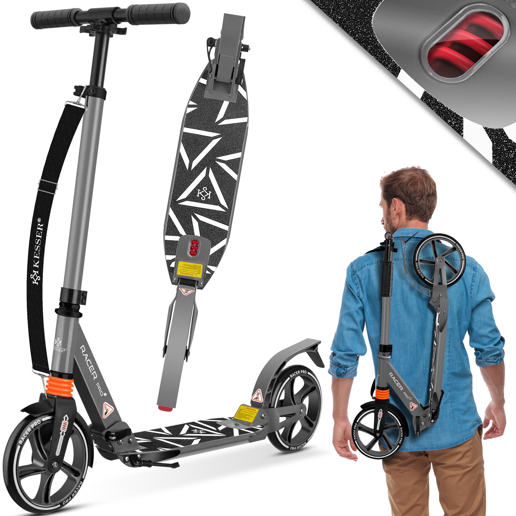 ® Cityroller Scooter 205mm Räder PU Big Wheel - Pro-S Tretroller mit Doppel Federung, City-Roller Scooter klappbar und Höhenverstellbar, Roller Kickscooter für Erwachsene und Kinder