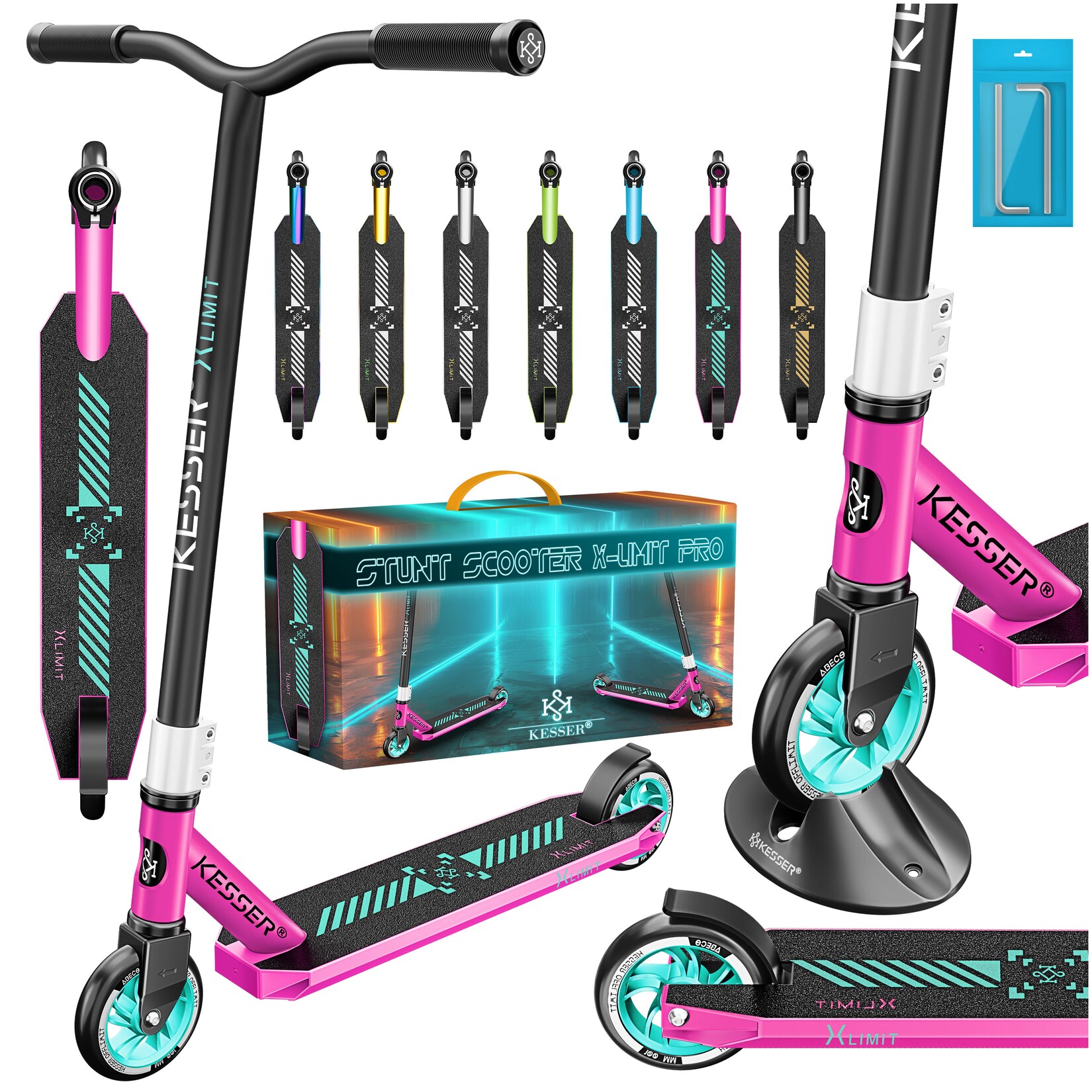 ® Stunt Scooter X-Limit-Pro 360° Lenkung Funscooter Stuntscooter mit Ständer ABEC 9 Kugellagern, 110 mm PU Räder , Kickscooter Tretroller Cityroller Trick Roller für Kinder Erwachsene