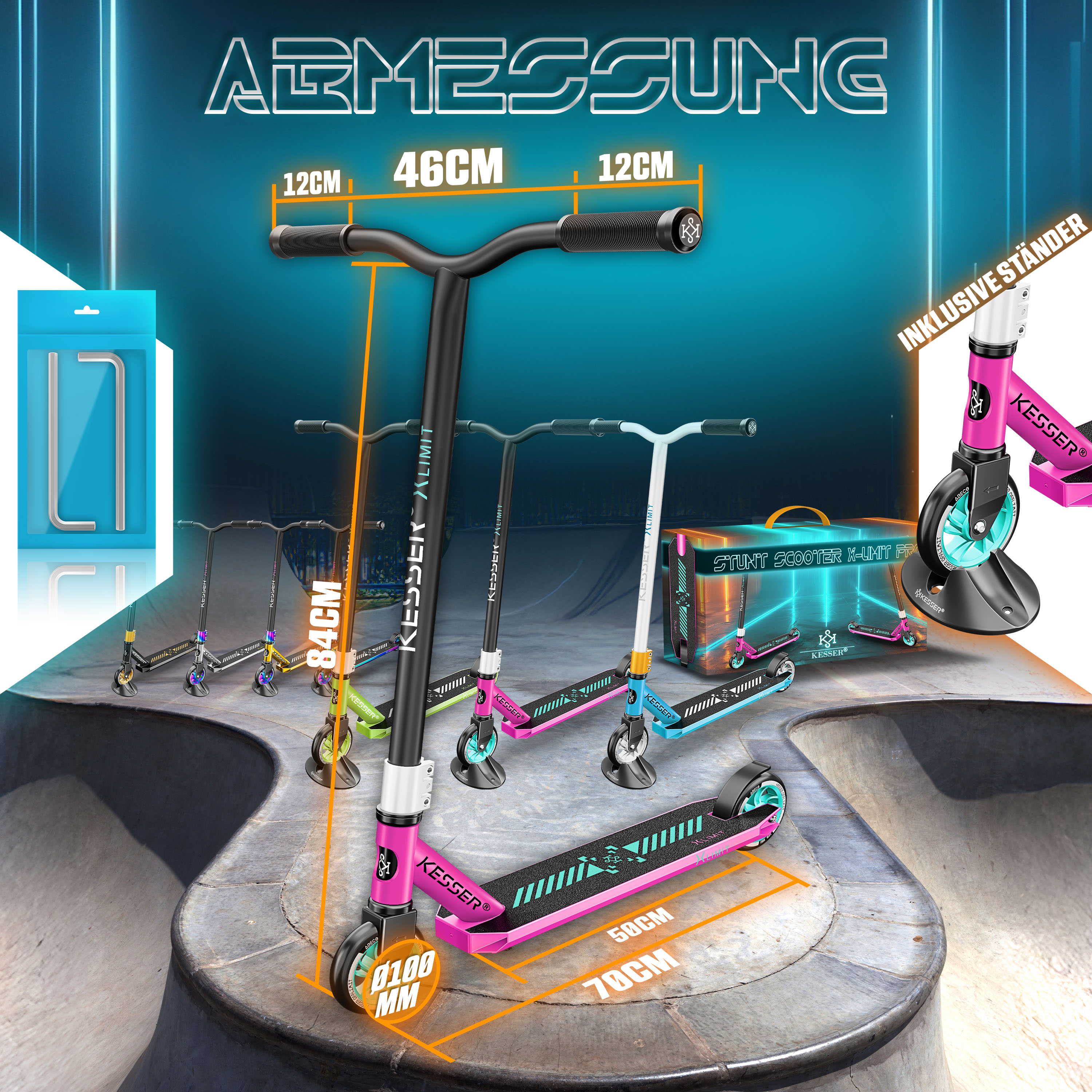 KESSER&reg; Stunt Scooter X-Limit-Pro 360&deg; Lenkung Funscooter Stuntscooter mit St&auml;nder ABEC 9 Kugellagern, 110 mm PU R&auml;der , Kickscooter Tretroller Cityroller Trick Roller f&uuml;r Kinder Erwachsene 