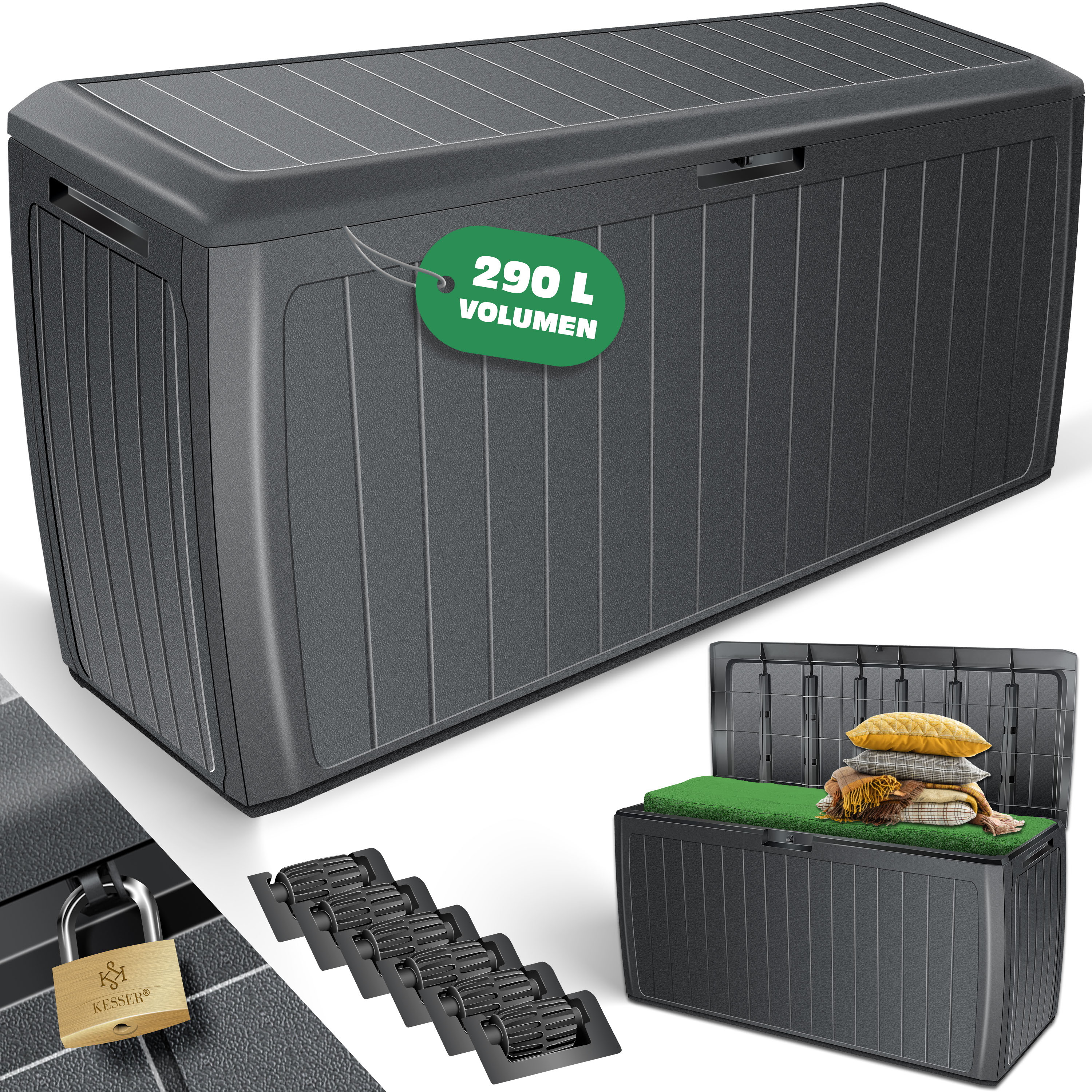 KESSER&reg; Auflagenbox Kissenbox 290 Liter mit abschlie&szlig;barem Deckel Haltegriffe Gartenbox 