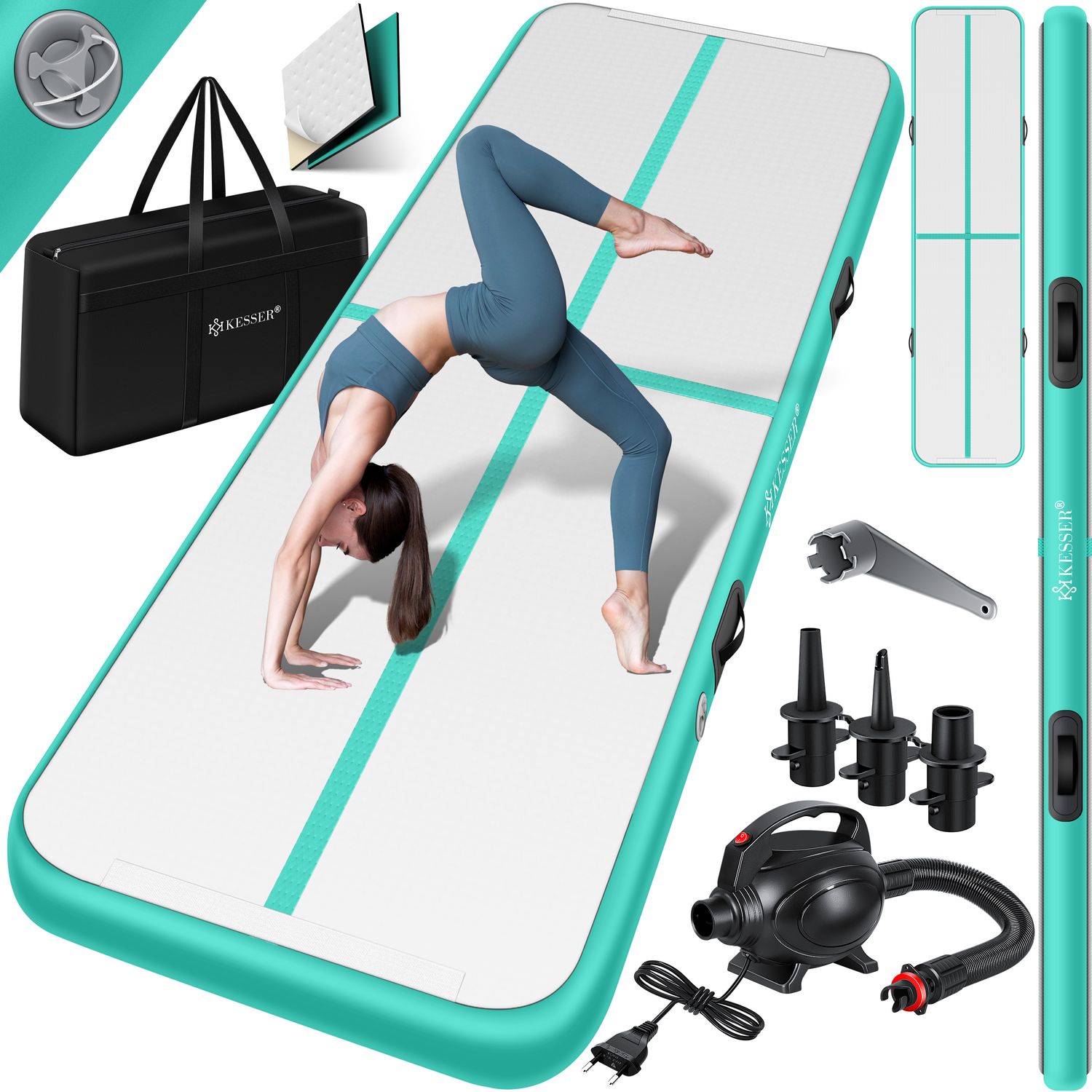 KESSER&reg; Turnmatte Aufblasbar Airtrack 2m/3m/4m/5m/6m Fitness-Matte Gymnastikmatte | inkl. Tragetasche & elektr. Luftpumpe | Yogamatte, Tumbling Matten, Trainingsmatte, Turn- & Fitness 
