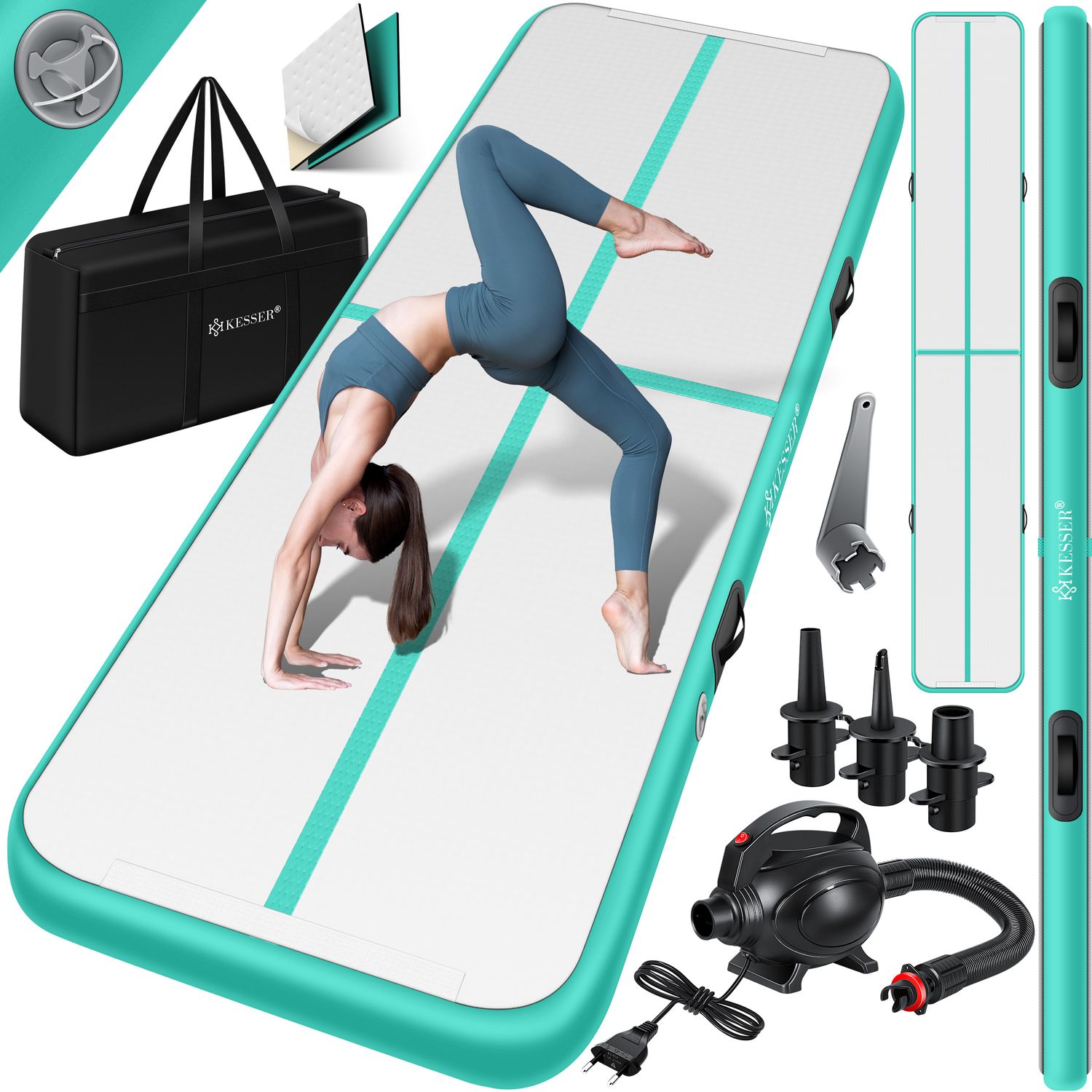 KESSER&reg; Turnmatte Aufblasbar Airtrack 2m/3m/4m/5m/6m Fitness-Matte Gymnastikmatte | inkl. Tragetasche & elektr. Luftpumpe | Yogamatte, Tumbling Matten, Trainingsmatte, Turn- & Fitness 