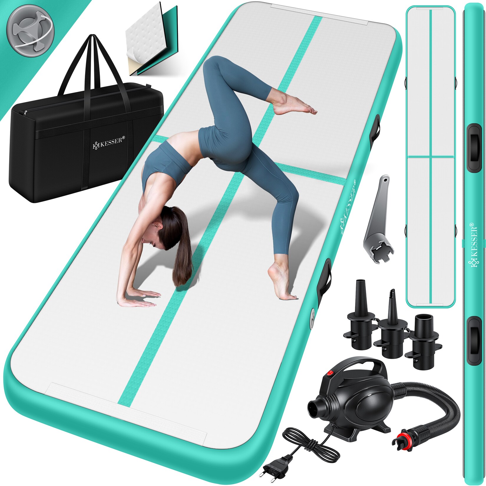 ® Turnmatte Aufblasbar Airtrack 2m/3m/4m/5m/6m Fitness-Matte Gymnastikmatte   inkl. Tragetasche & elektr. Luftpumpe   Yogamatte, Tumbling Matten, Trainingsmatte, Turn- & Fitness