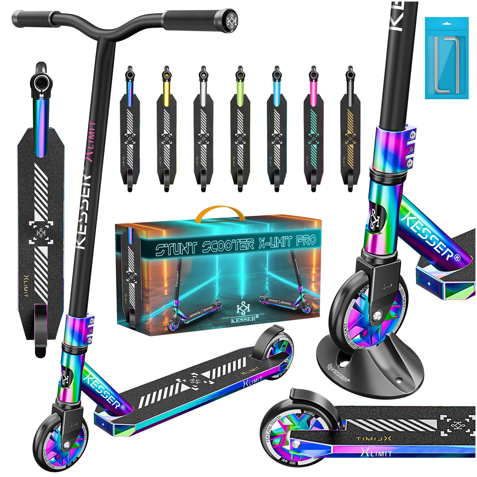 ® Stunt Scooter X-Limit-Pro 360° Lenkung Funscooter Stuntscooter mit Ständer ABEC 9 Kugellagern, 110 mm PU Räder , Kickscooter Tretroller Cityroller Trick Roller für Kinder Erwachsene
