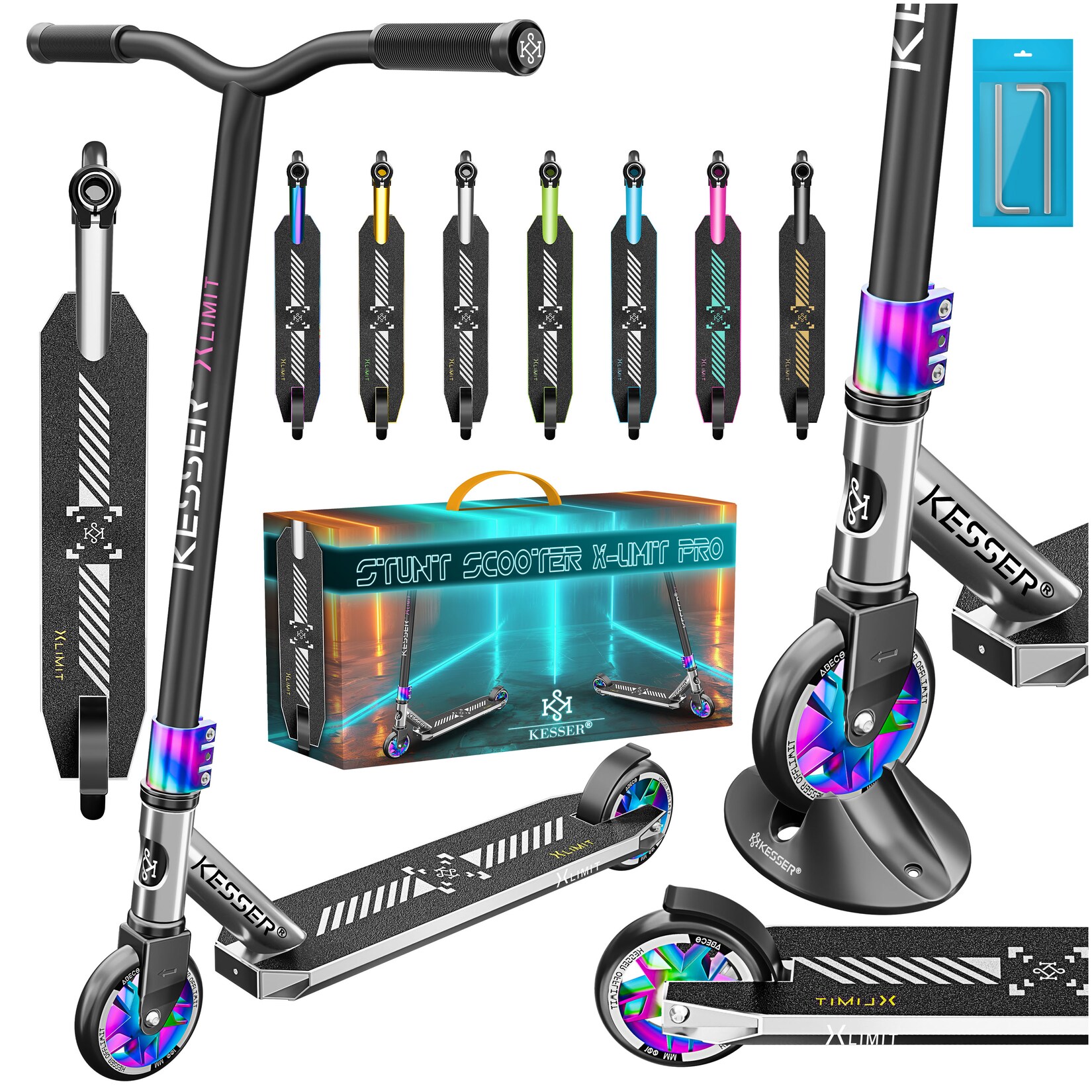 ® Stunt Scooter X-Limit-Pro 360° Lenkung Funscooter Stuntscooter mit Ständer ABEC 9 Kugellagern, 110 mm PU Räder , Kickscooter Tretroller Cityroller Trick Roller für Kinder Erwachsene