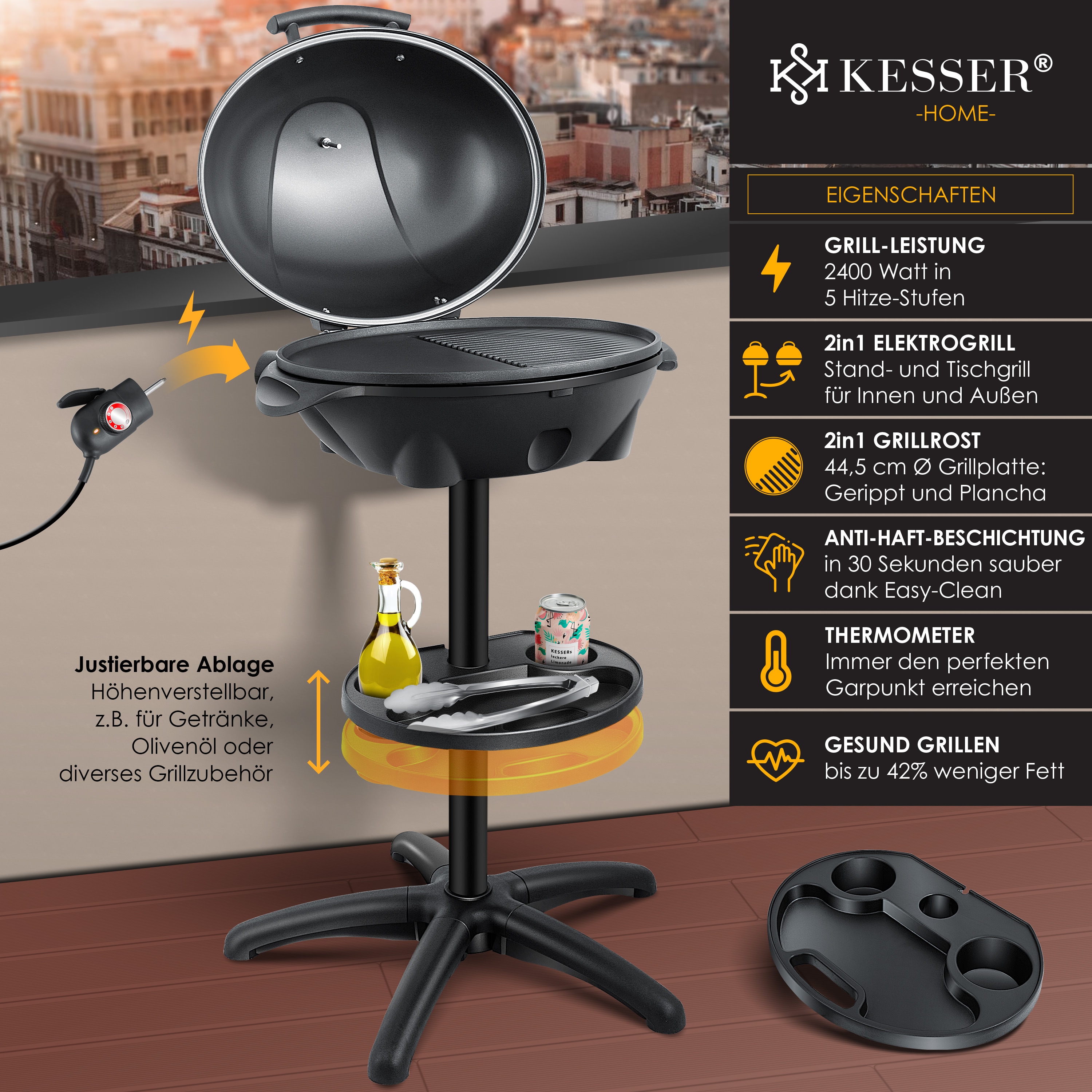 KESSER&reg; elektrischer Elektrogrill 2in1 Tischgrill - Standgrill mit Deckel Standfu&szlig; | max. 2400 Watt Thermometer | Antihaftbeschichtung | XXL Grillplatte | integrierte Ablagefl&auml;che Elektro-S&auml;ulengrill 