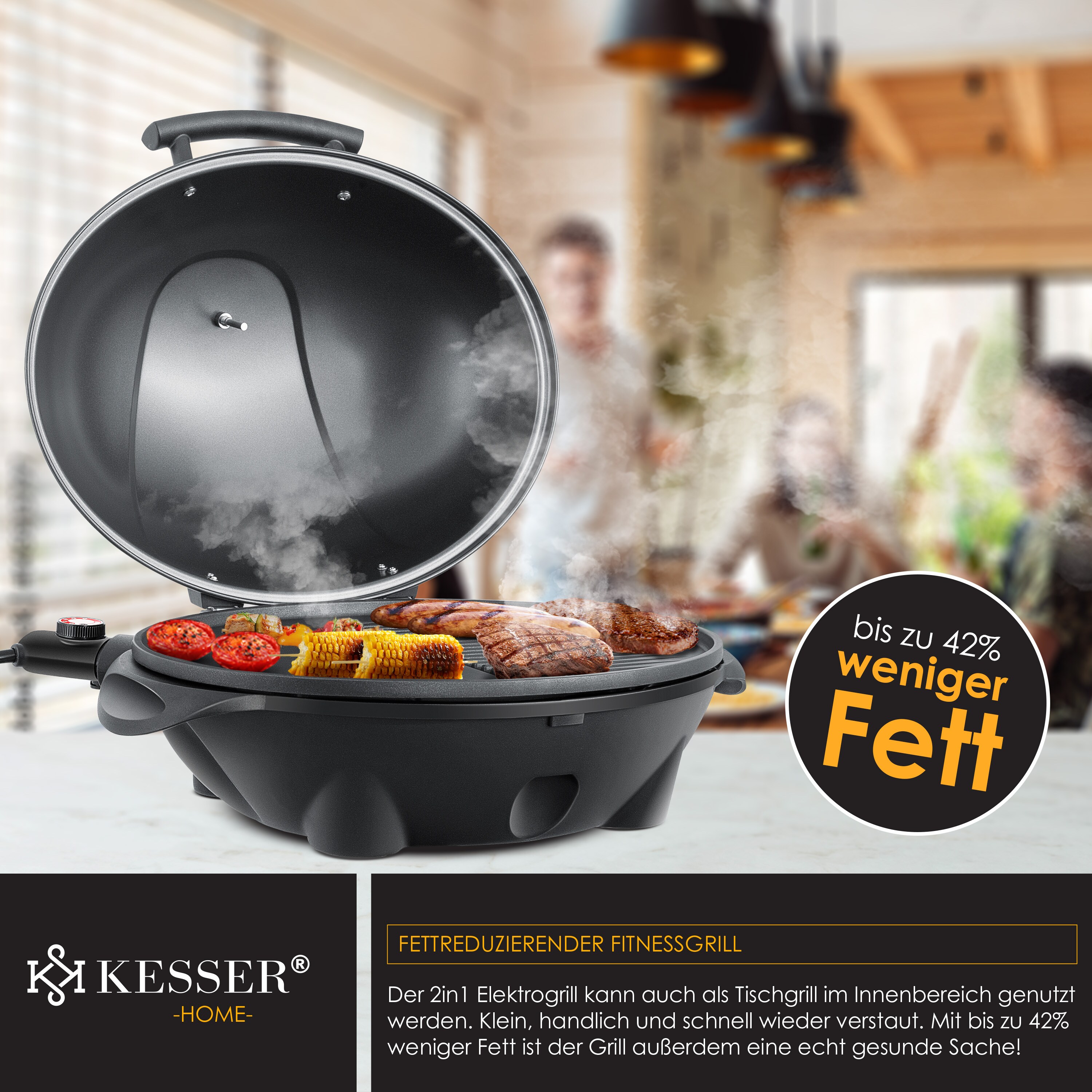 KESSER® elektrischer Elektrogrill 2in1 Tischgrill - Standgrill mit Deckel Standfuß | max. 2400 Watt Thermometer | Antihaftbeschichtung | XXL Grillplatte