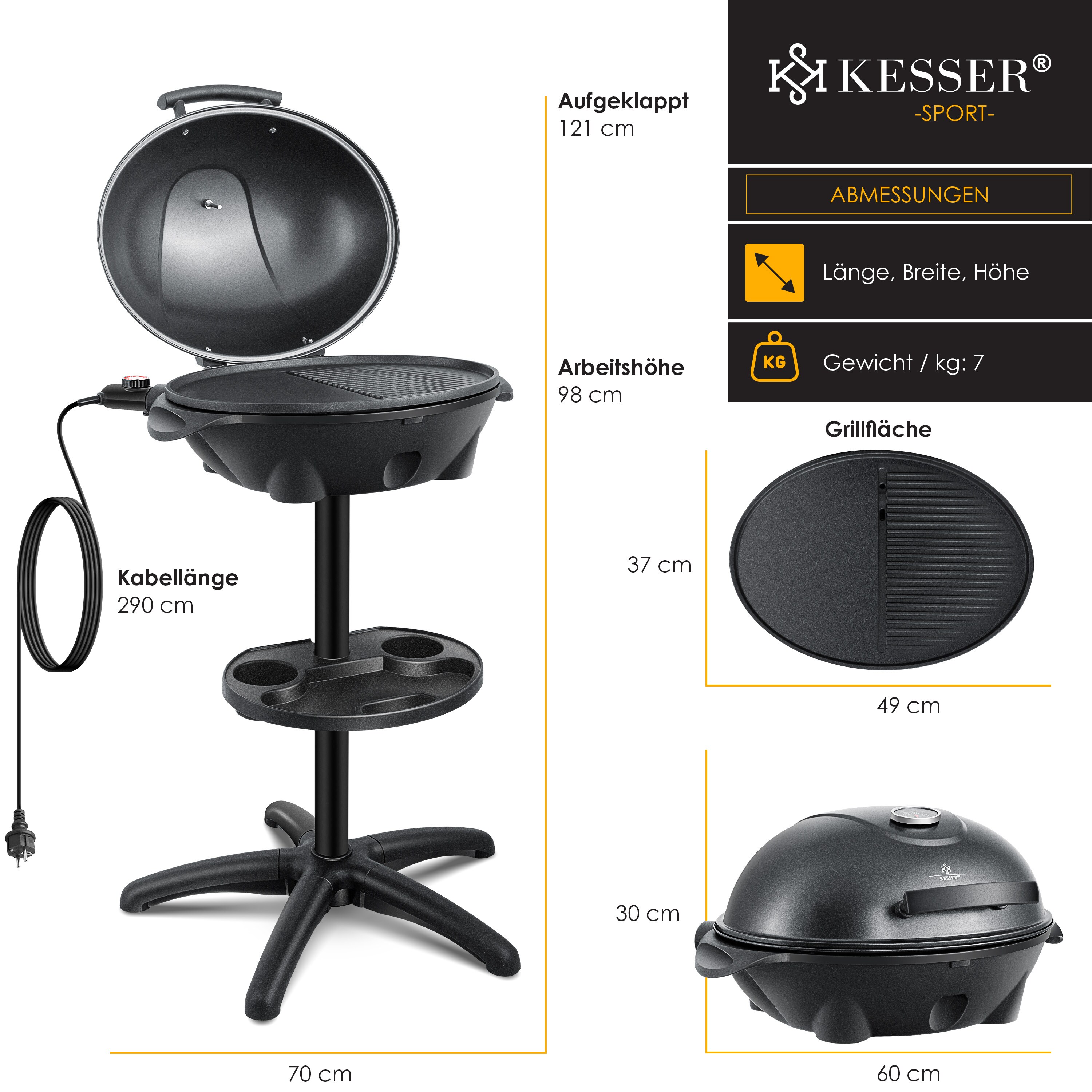KESSER® elektrischer Elektrogrill 2in1 Tischgrill - Standgrill mit Deckel Standfuß | max. 2400 Watt Thermometer | Antihaftbeschichtung | XXL Grillplatte