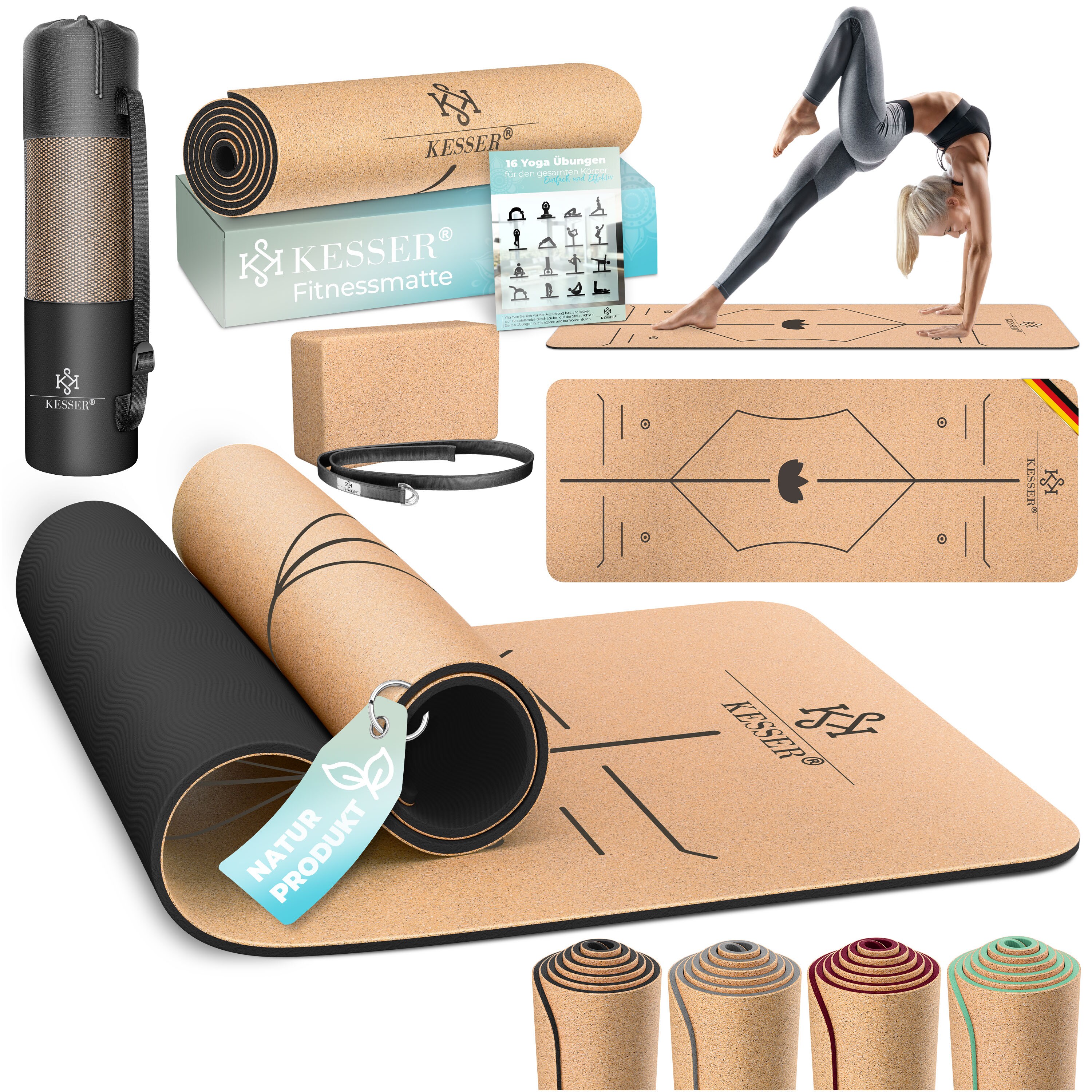 KESSER&reg; Yogamatte Kork Inkl. Tragegurt Tasche & Yoga-Block Gymnastikmatte Yoga Matte rutschfest aus Naturkautschuk TPE Fitnessmatte, 183 x 62 Trainingsmatte f&uuml;r Fitness Sportmatte, Gymnastik extradick 