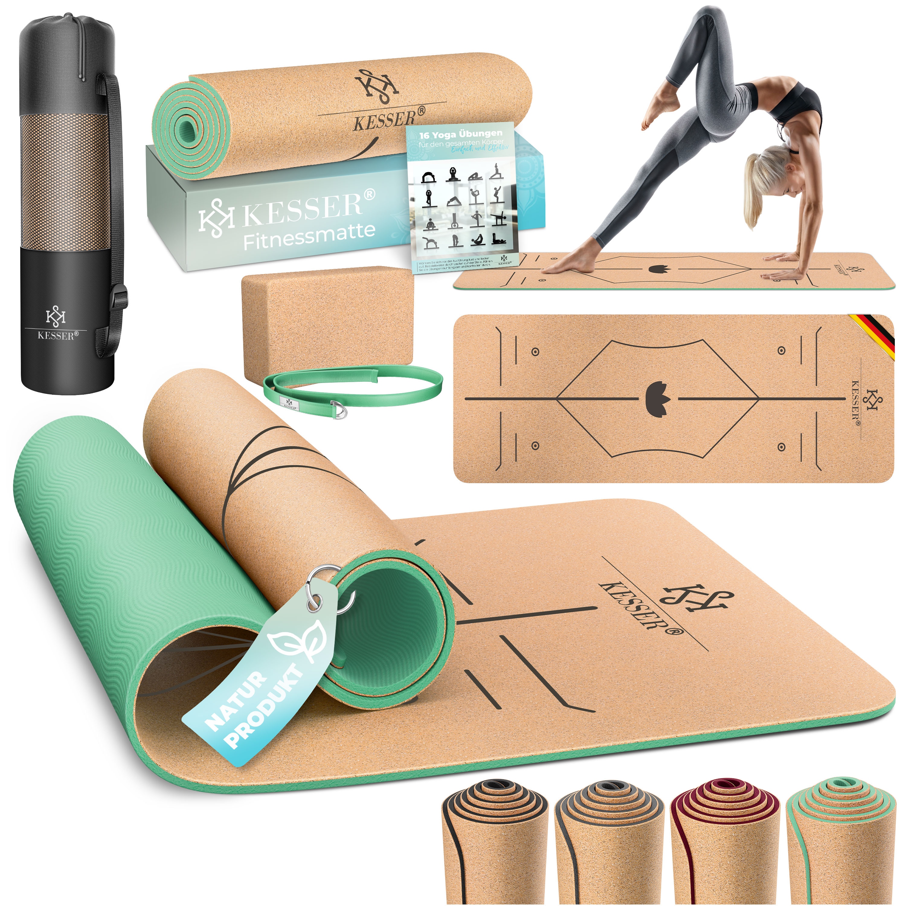 KESSER&reg; Yogamatte Kork Inkl. Tragegurt Tasche & Yoga-Block Gymnastikmatte Yoga Matte rutschfest aus Naturkautschuk TPE Fitnessmatte, 183 x 62 Trainingsmatte f&uuml;r Fitness Sportmatte, Gymnastik extradick 