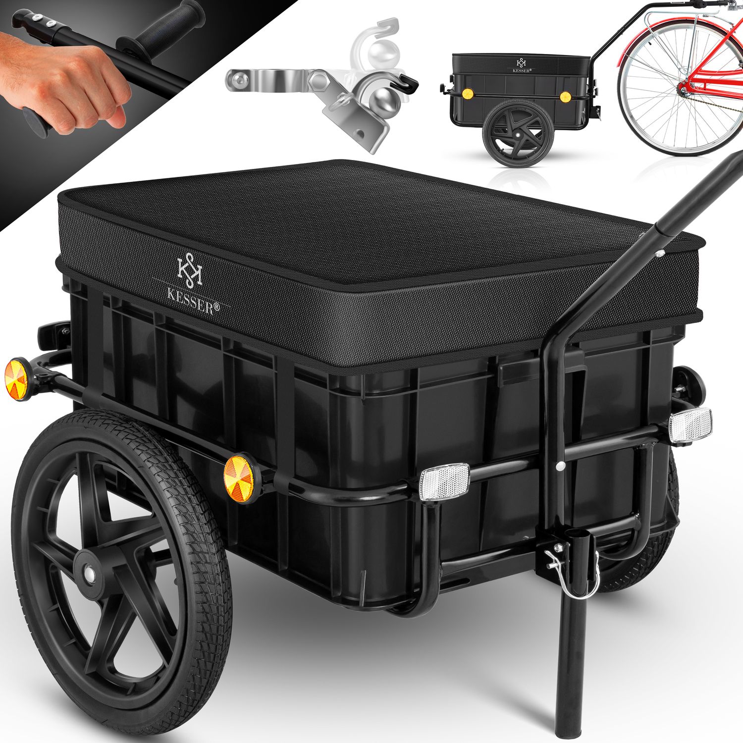 KESSER&reg; Fahrradanh&auml;nger Lastenanh&auml;nger Handwagen mit Kupplung Hochdeichsel f&uuml;r Fahrrad Transportanh&auml;nger Transportbox mit 70 Liter Volumen Max. 60kg  f&uuml;r Fahrr&auml;der mit 26'' - 28'' 