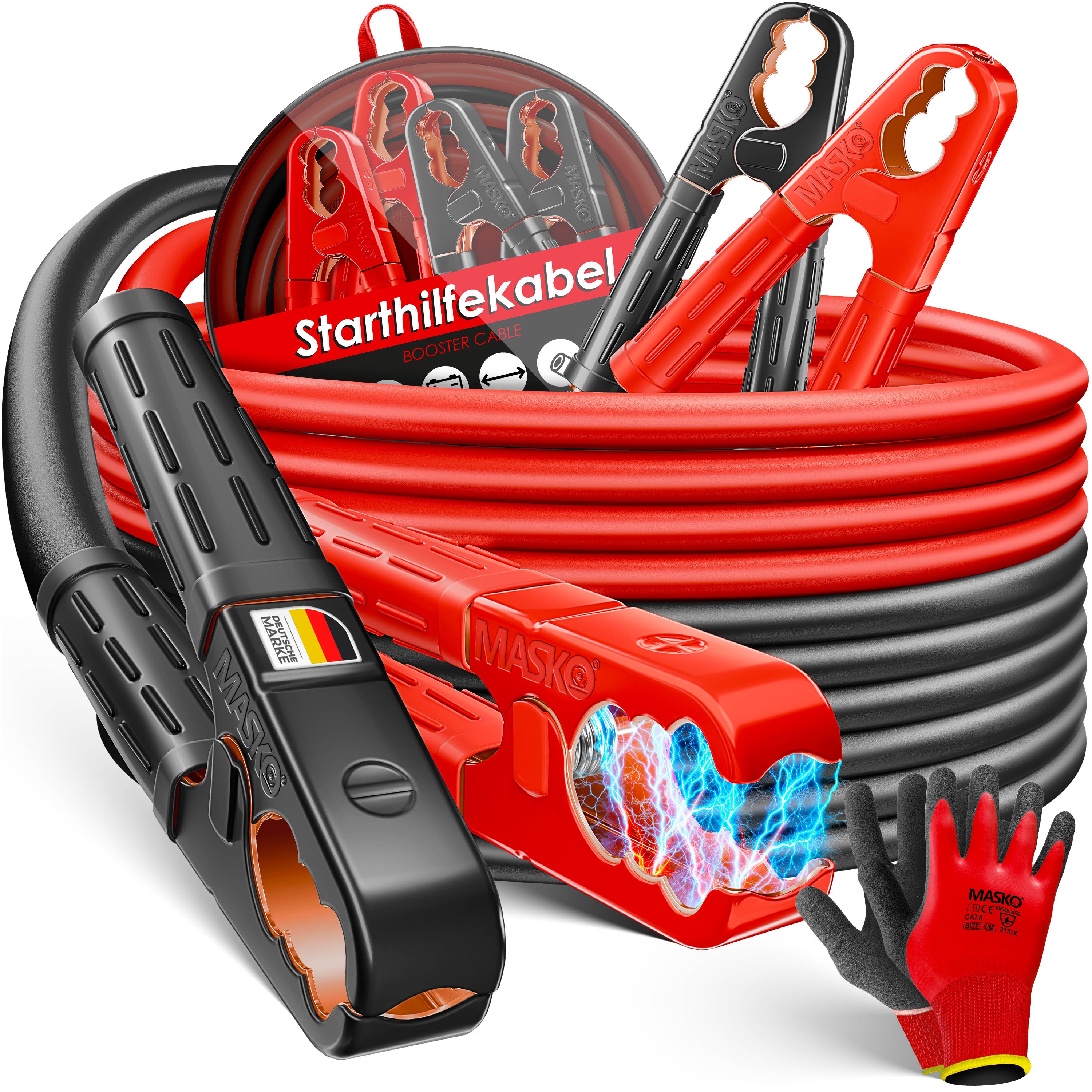 MASKO&reg; Starthilfekabel &Uuml;berbr&uuml;ckungskabel f&uuml;r Benzin- und Dieselmotoren, 6/12/24 Volt. Auto Motorrad Starterkabel aus Kupfer inkl. Handschuhe und Tragetasche (25mm&sup2; 1200A / 30mm&sup2; 1500A) 