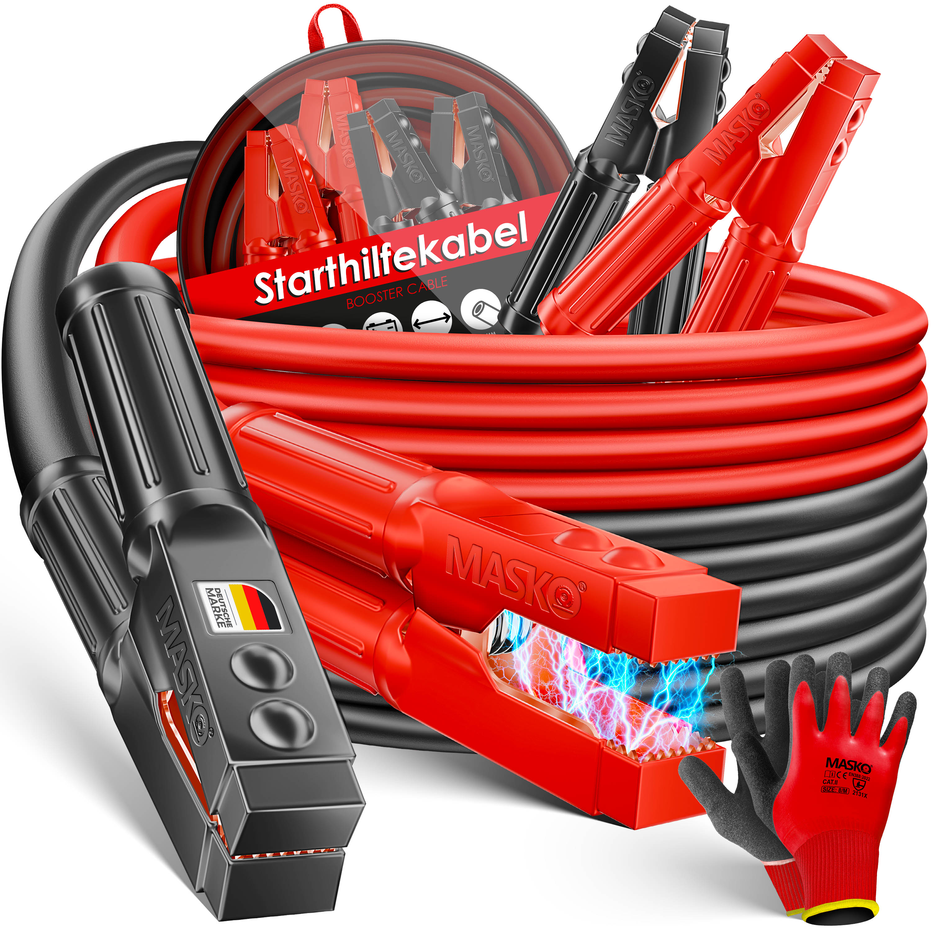 MASKO&reg; Starthilfekabel &Uuml;berbr&uuml;ckungskabel f&uuml;r Benzin- und Dieselmotoren, 6/12/24 Volt. Auto Motorrad Starterkabel aus Kupfer inkl. Handschuhe und Tragetasche (25mm&sup2; 1200A / 30mm&sup2; 1500A) 