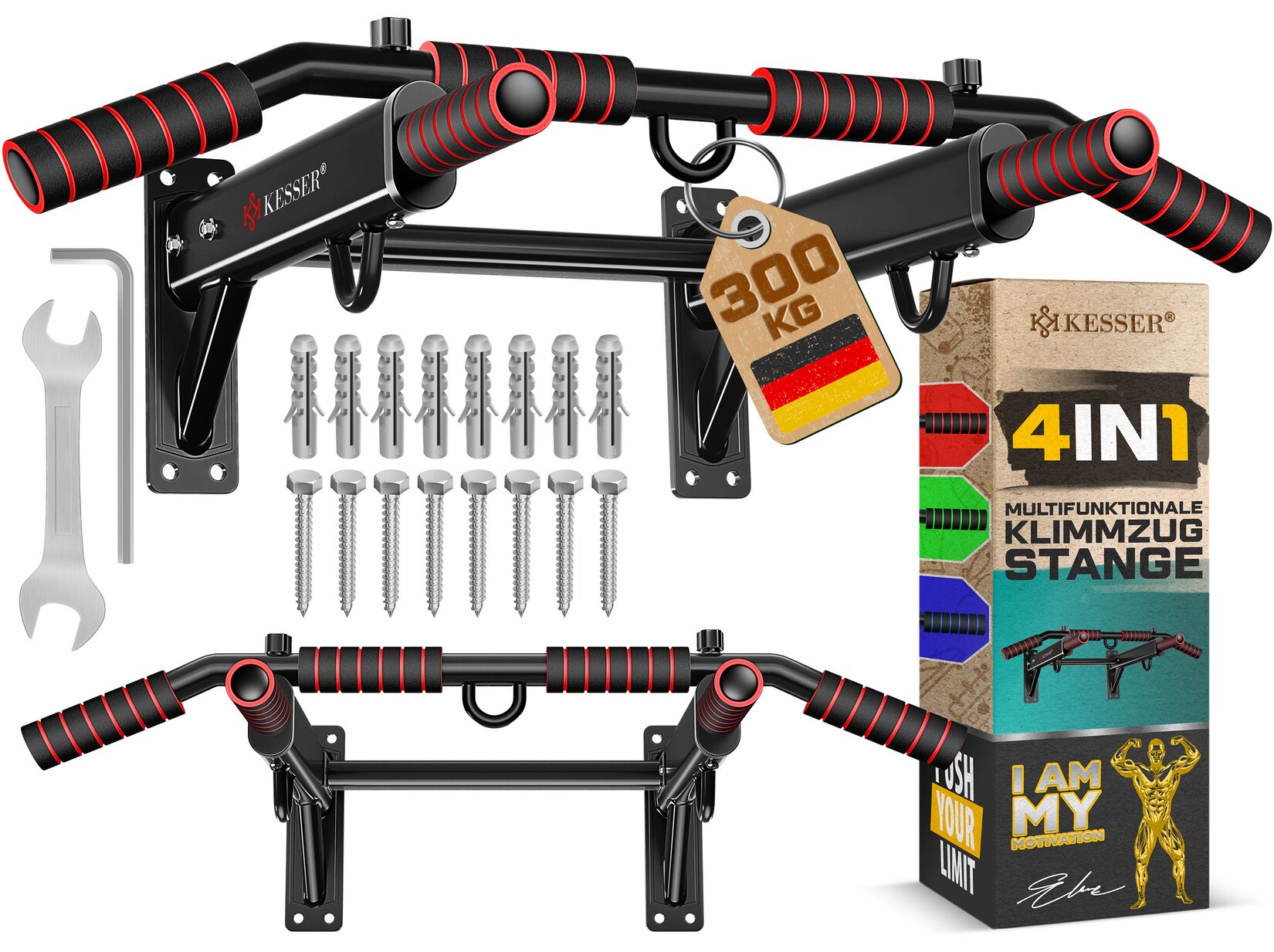 ® 4in1 Klimmzugstange zur Wandmontage rutschfesten Griffen zusätzliche Funktion für Seile Ringe und Boxsäcke mit verschiedenen Griffpositionen   sicher & stabil   Pull Up Bar für zuhause