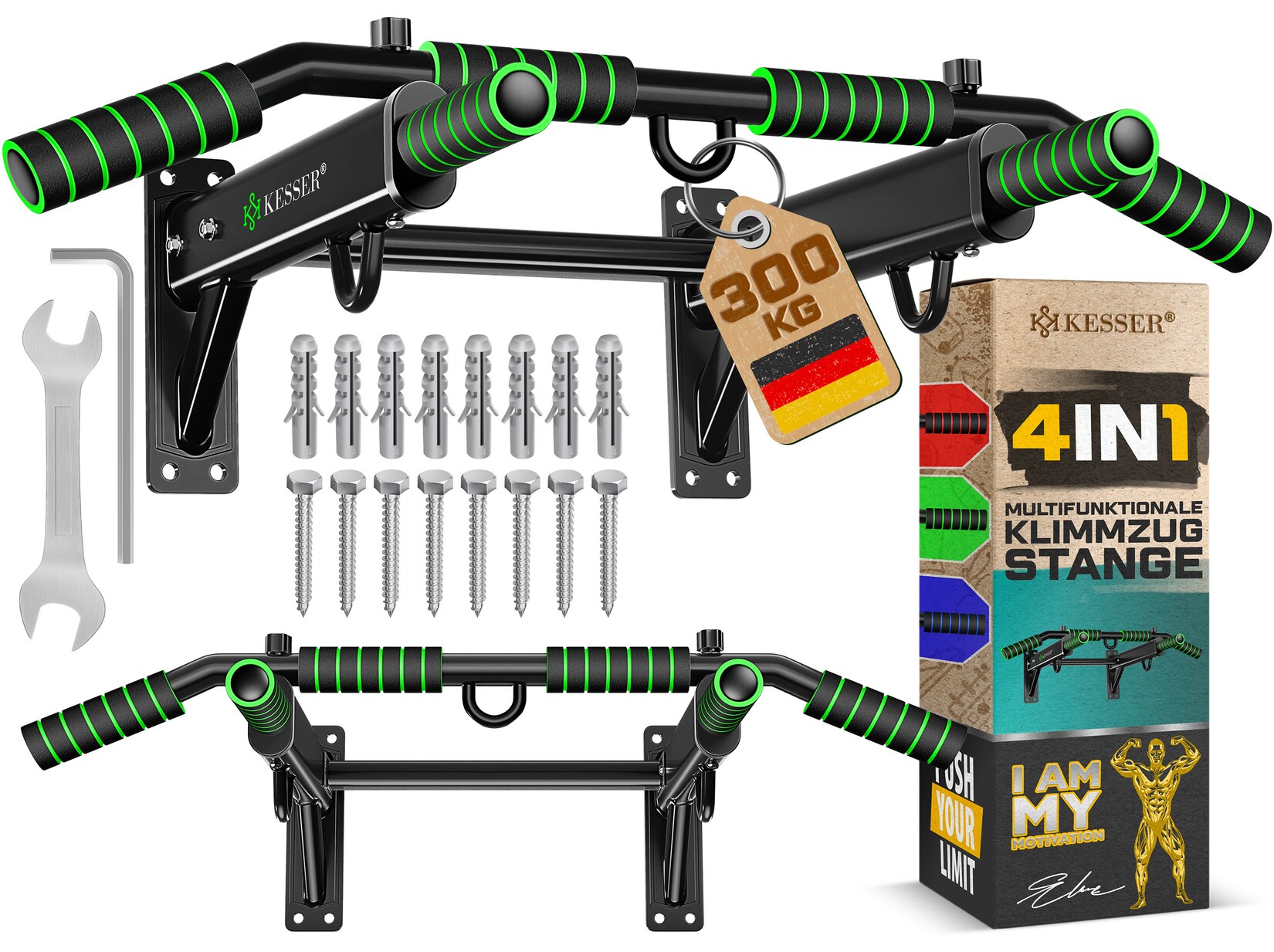 ® 4in1 Klimmzugstange zur Wandmontage rutschfesten Griffen zusätzliche Funktion für Seile Ringe und Boxsäcke mit verschiedenen Griffpositionen   sicher & stabil   Pull Up Bar für zuhause