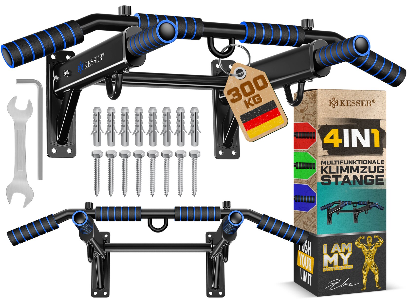 ® 4in1 Klimmzugstange zur Wandmontage rutschfesten Griffen zusätzliche Funktion für Seile Ringe und Boxsäcke mit verschiedenen Griffpositionen   sicher & stabil   Pull Up Bar für zuhause