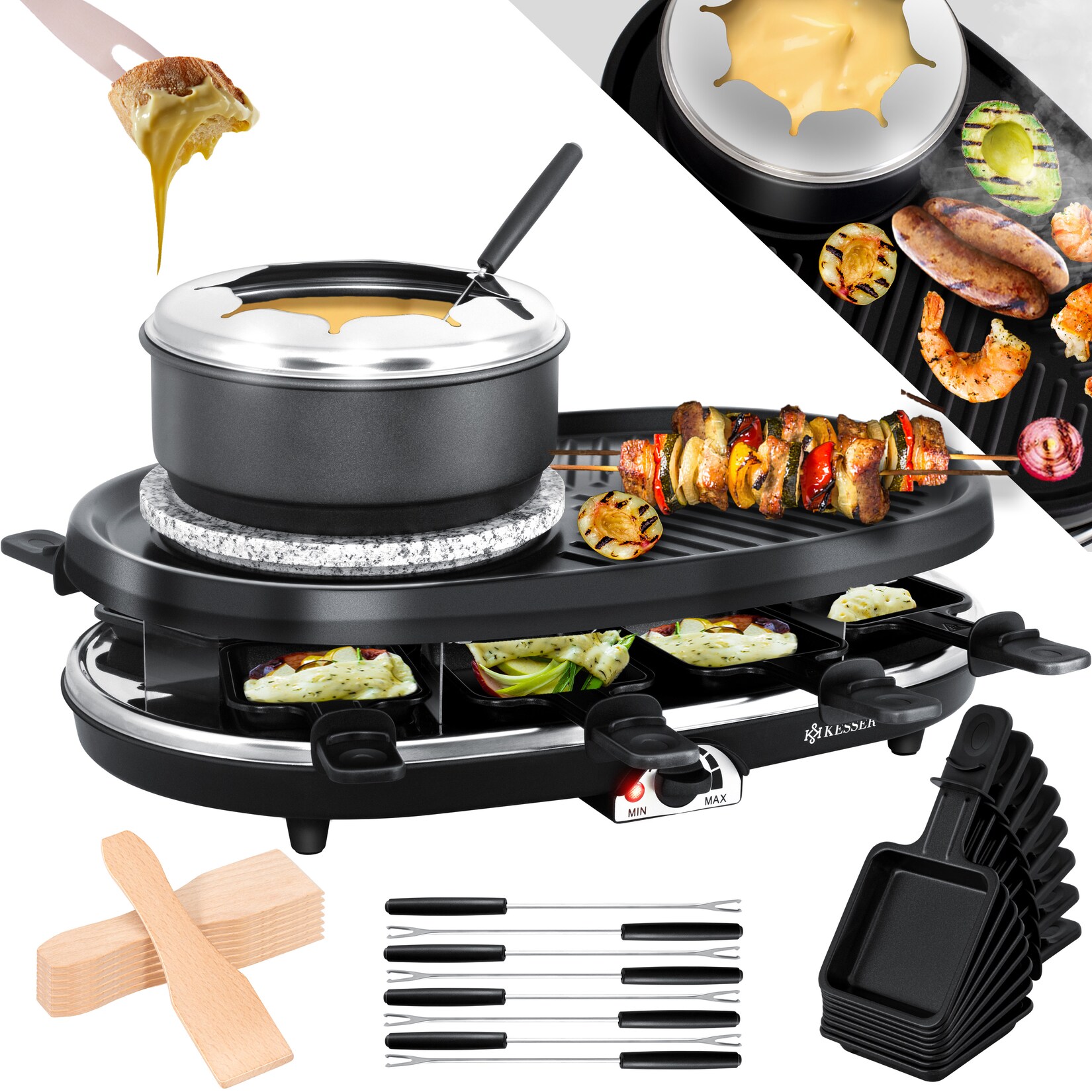 ® 3in1 Raclette-Grill mit Naturgrillstein, Grillplatte und Fondue, Tischgrill für 8 Personen, Elektrogrill Raclette Grill antihaftbeschichteter Grillplatte, 8 Pfannen und Holzspatel
