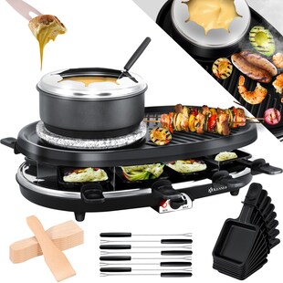 KESSER® 3in1 Raclette-Grill mit Naturgrillstein, Grillplatte und Fondue, Tischgrill für 8 Personen, Elektrogrill Raclette Grill antihaftbeschichteter Grillplatte, 8 Pfannen und Holzspatel 