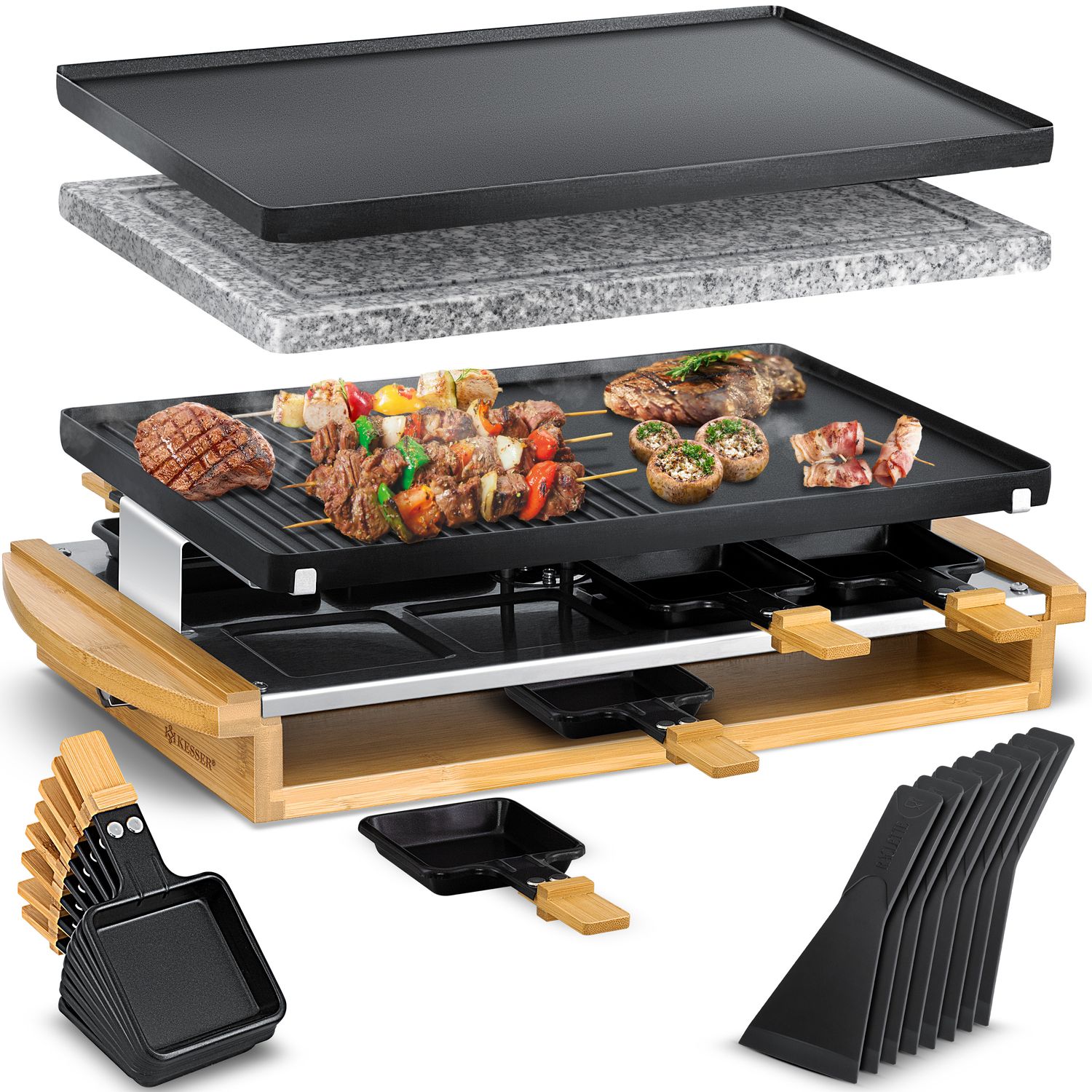 KESSER&reg; Raclette-Grill mit Naturgrillstein, Grillplatte Tischgrill f&uuml;r 8 Personen, Elektrogrill Raclette Grill antihaftbeschichteter Grillplatte, 8 Pfannen und Holzspatel 1200W 
