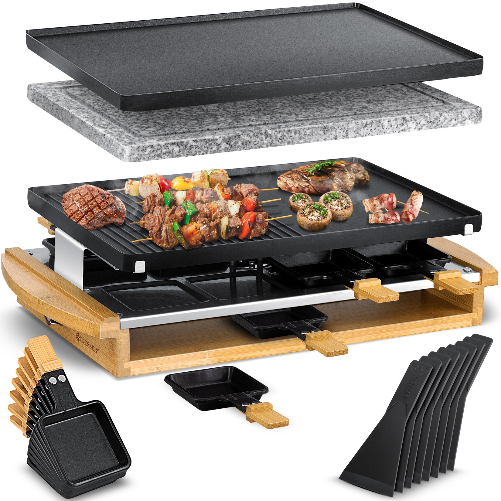 ® Raclette-Grill mit Naturgrillstein, Grillplatte Tischgrill für 8 Personen, Elektrogrill Raclette Grill antihaftbeschichteter Grillplatte, 8 Pfannen und Holzspatel 1200W