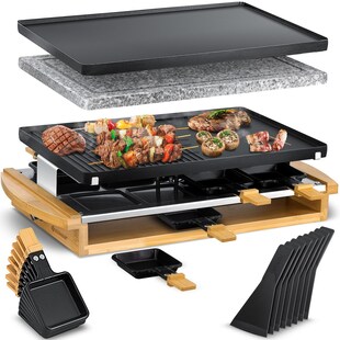 KESSER® Raclette-Grill mit Naturgrillstein, Grillplatte Tischgrill für 8 Personen, Elektrogrill Raclette Grill antihaftbeschichteter Grillplatte, 8 Pfannen und Holzspatel 1200W 