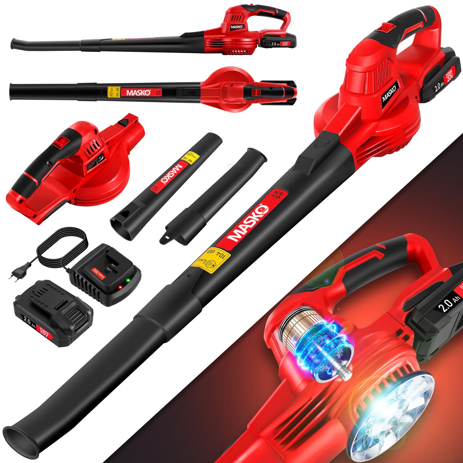 MASKO&reg; Akku Laubbl&auml;ser mit akku und ladeger&auml;t Power Charger - Luftstrom 190km/h - Lithium Ionen Akku 20 V, 2000 mAh 2,0 Ah - leichtes ergonomisches elektrisch Gebl&auml;se 2-Gang Geschwindigkeit 