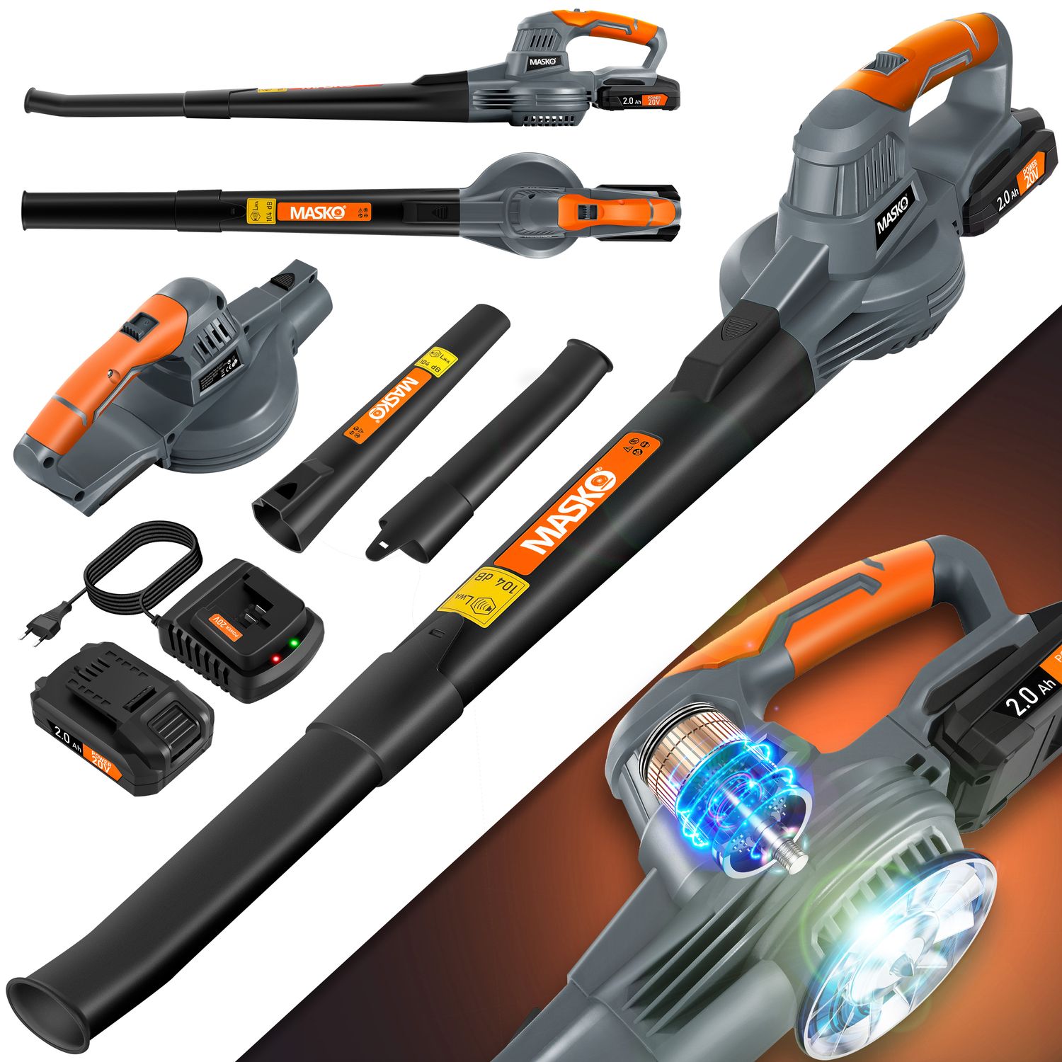 MASKO&reg; Akku Laubbl&auml;ser mit akku und ladeger&auml;t Power Charger - Luftstrom 190km/h - Lithium Ionen Akku 20 V, 2000 mAh 2,0 Ah - leichtes ergonomisches elektrisch Gebl&auml;se 2-Gang Geschwindigkeit 