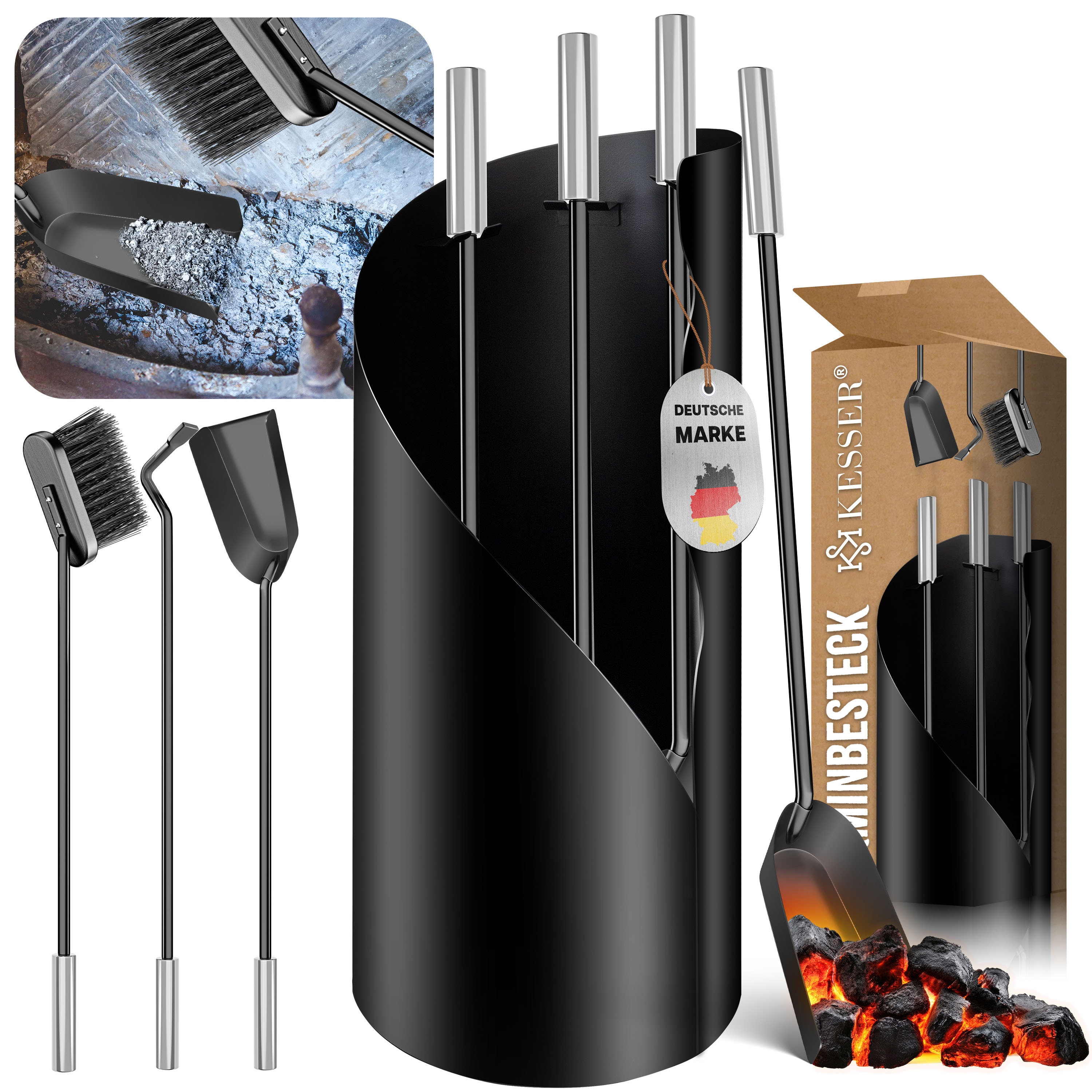 KESSER&reg; Kaminbesteck Set 4-teiliges Kaminzubeh&ouml;r &ndash; Modern Design, beschichtet, Hochwertige Kamingarnitur aus 4 Teilen: Besen, Schaufel, Sch&uuml;rhaken, St&auml;nder Stahl Edelstahlgriffe 