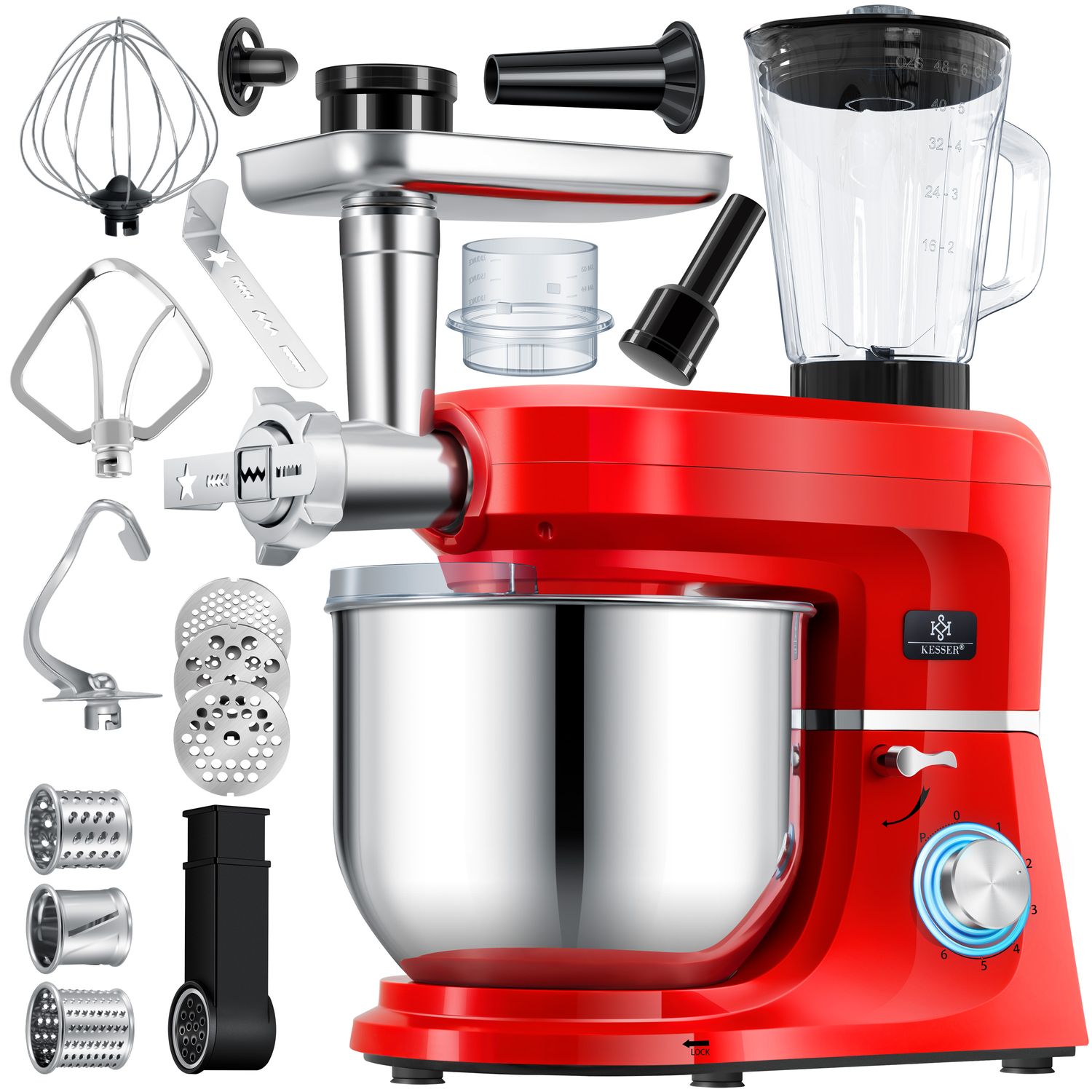 KESSER&reg; 3 in 1 Universal K&uuml;chenmaschine K-KM 3000 mit Fleischwolf Knetmaschine Multifuntionale R&uuml;hrmaschine 5,5L Sch&uuml;ssel mit 3 R&uuml;hrwerkzeuge 1,5L Entsafter Wurst Set Pasta & Pl&auml;tzchenformen 