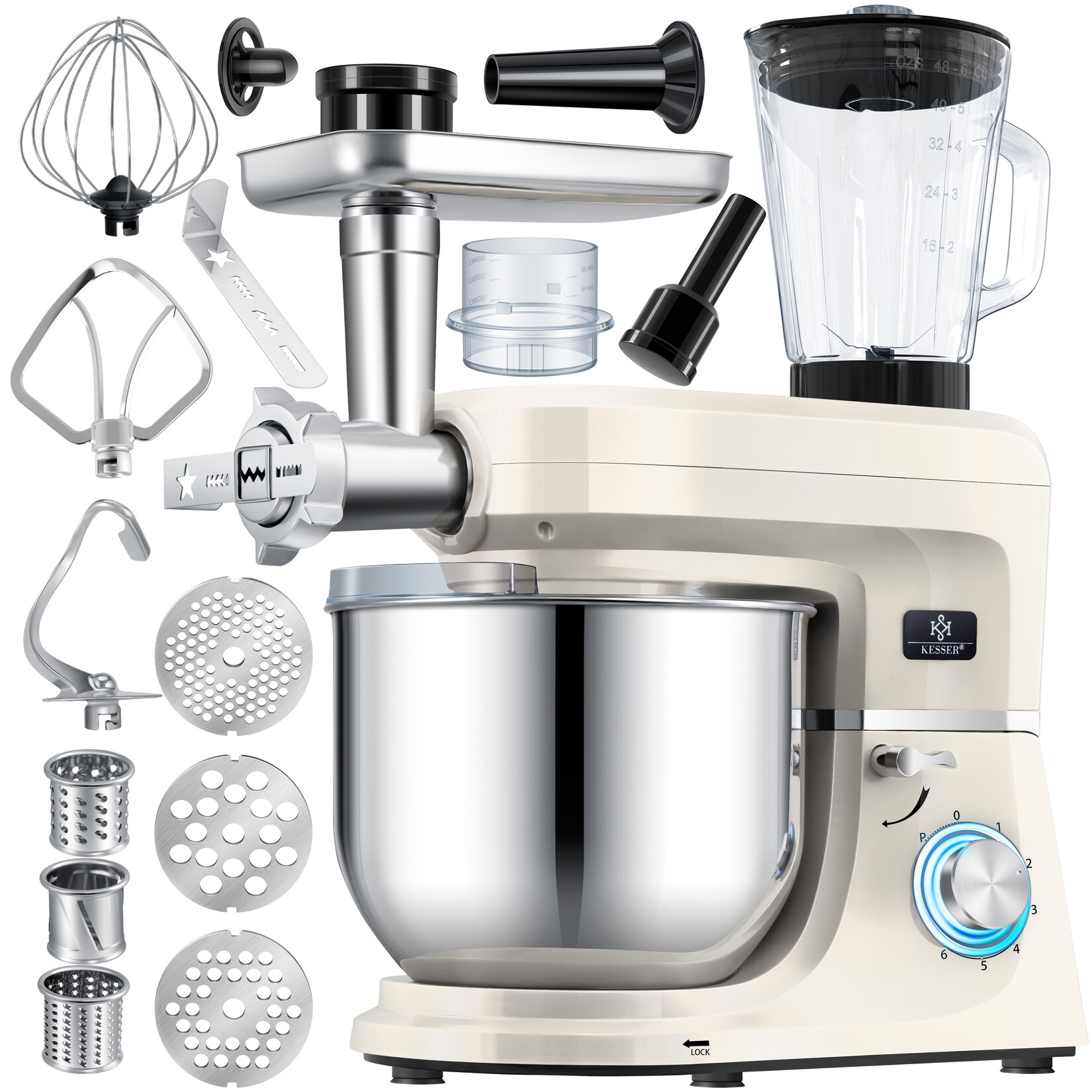 ® 3 in 1 Universal Küchenmaschine K-KM 3000 mit Fleischwolf Knetmaschine Multifuntionale Rührmaschine  Schüssel mit 3 Rührwerkzeuge 1,5L Entsafter Wurst Set Pasta & Plätzchenformen